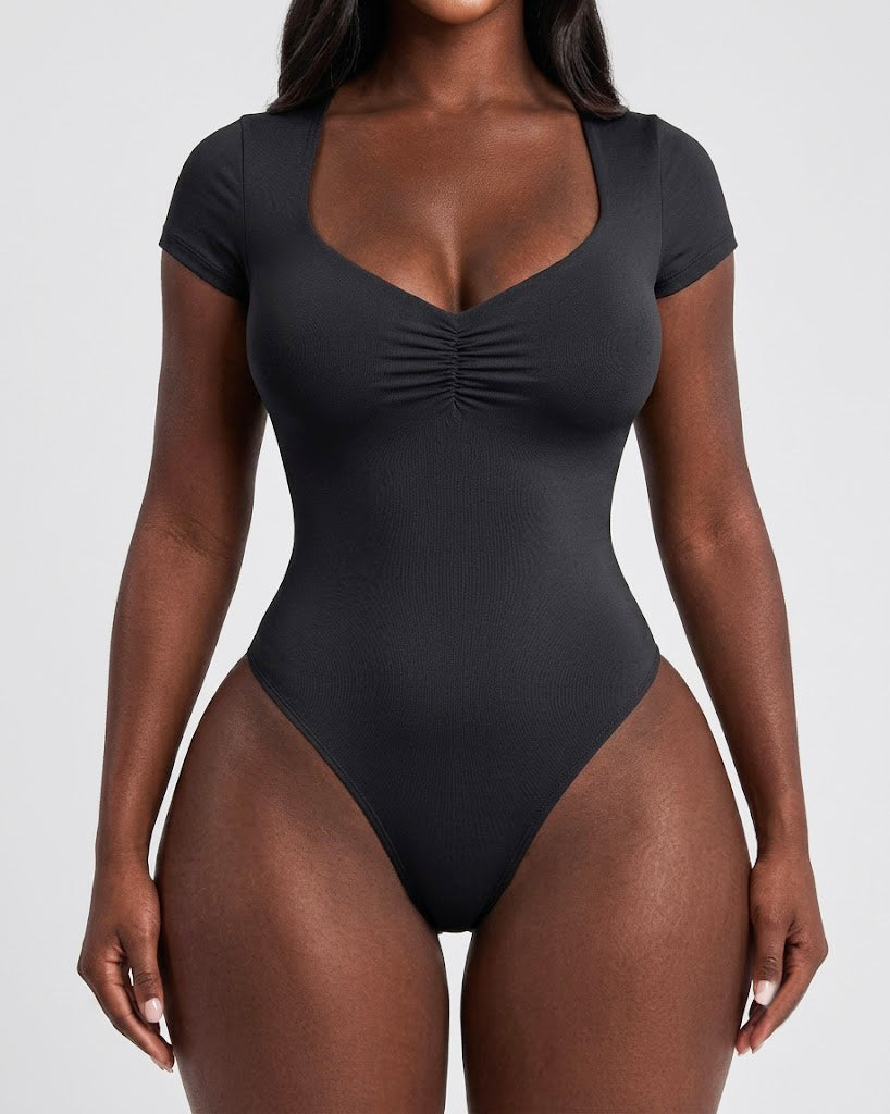 Short Sleeve Square Neck Front Ruched Hourgflass Bodysuit - By Qivii
