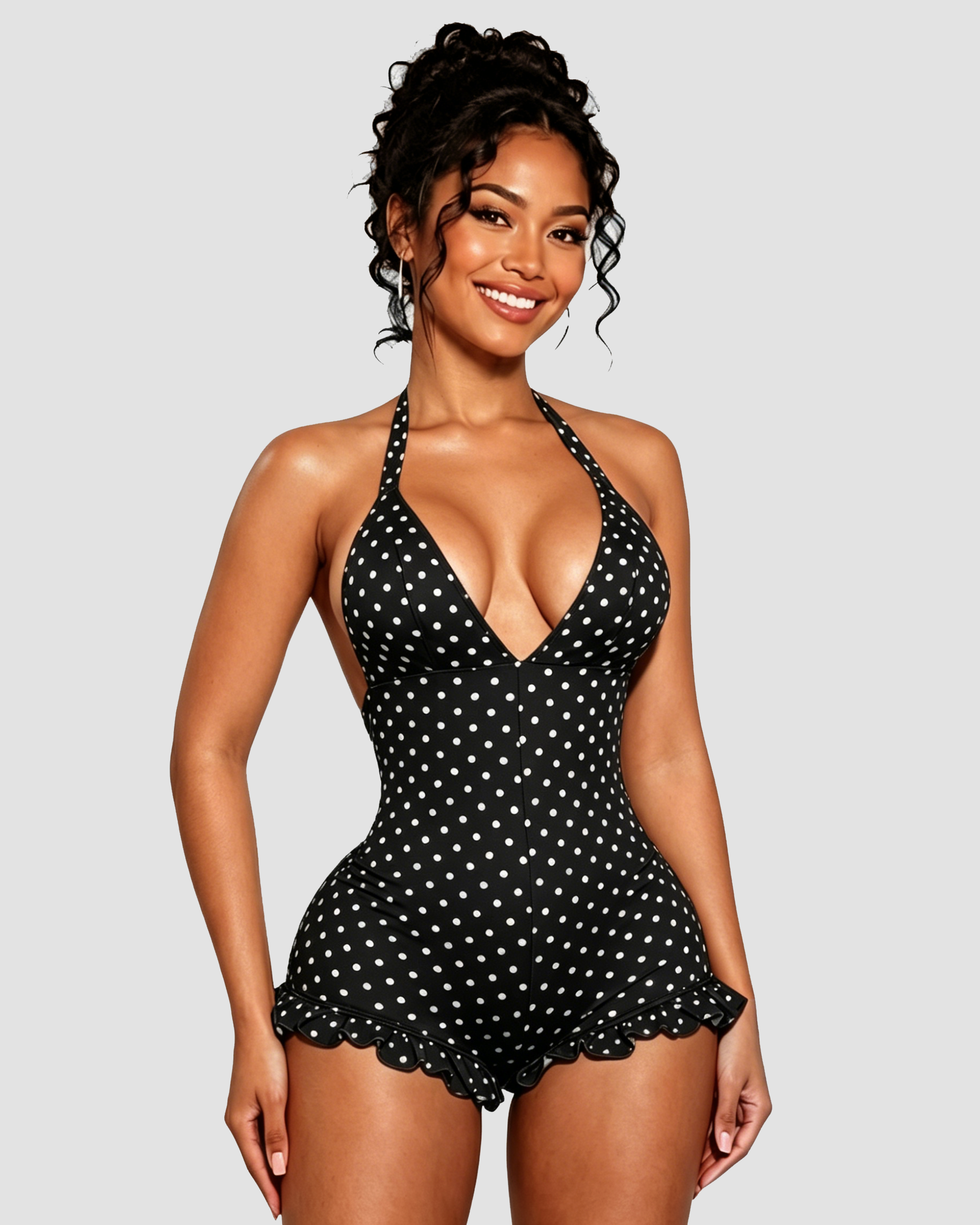 Polka Dot Halter Neck Ruffle Hem Romper - By Qivii
