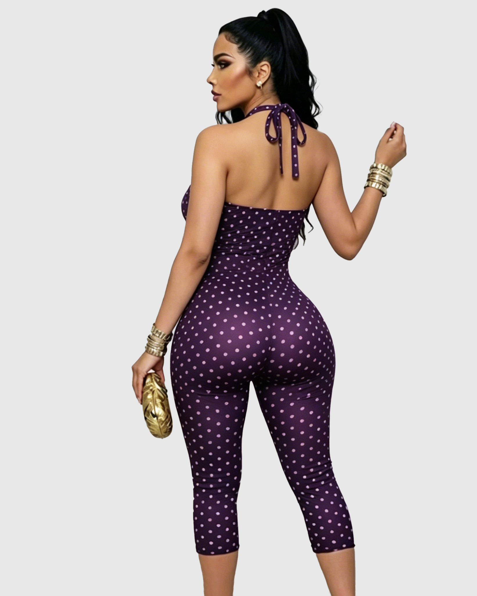Polka Dot Halter Neck Open Back Skinny Capri Jumpsuit - By Qivii