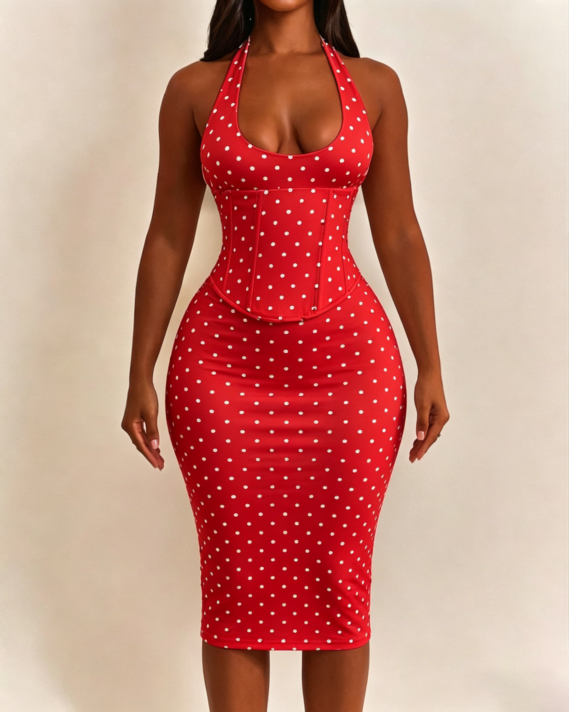 Polka Dot Corset Halter Midi Dress with Lace-Up Back - By Qivii