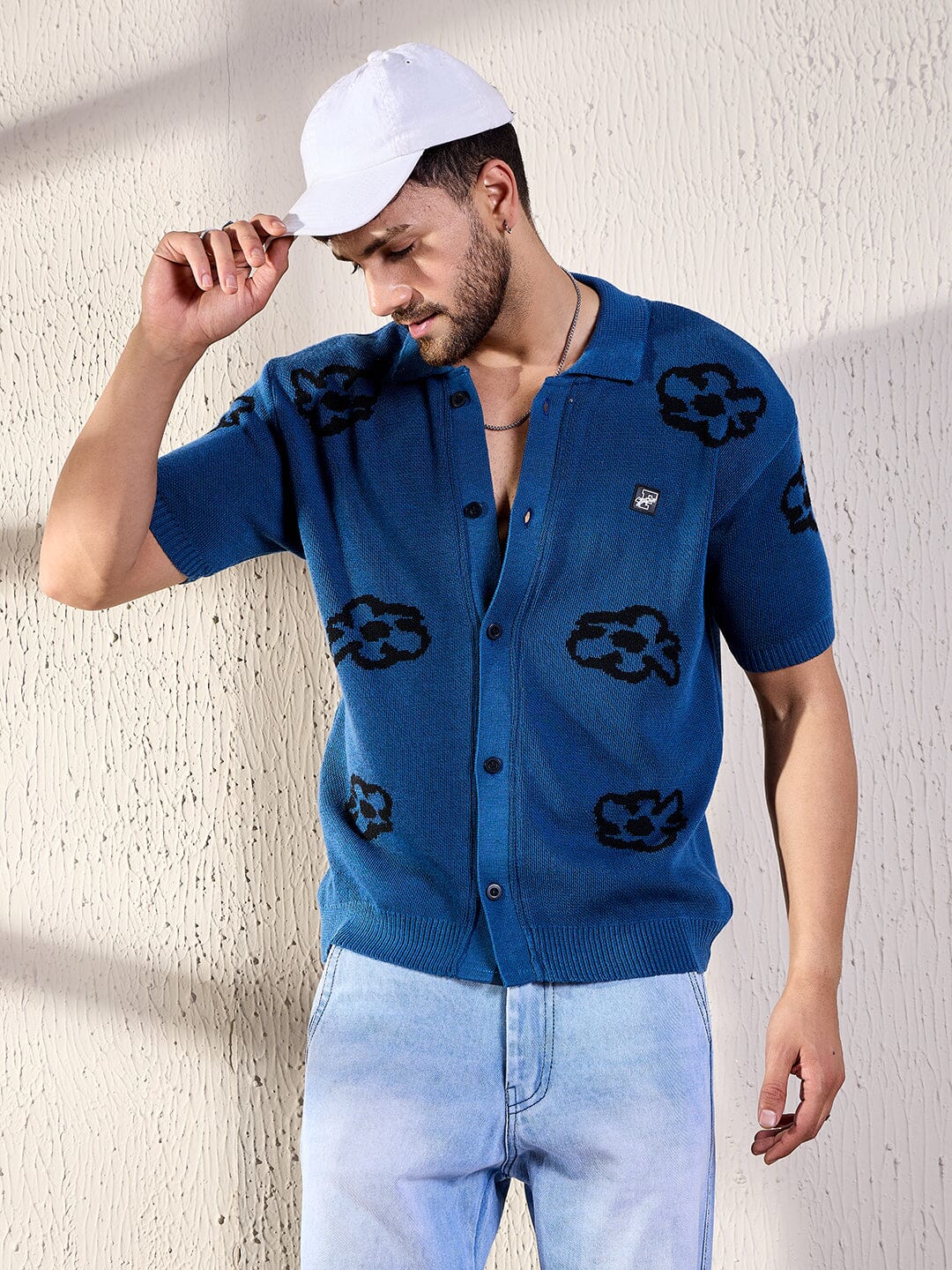 Navy Floral Knitted Shirt - qivii
