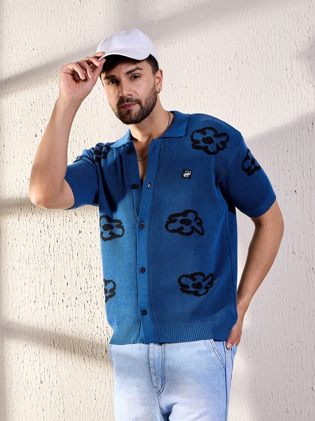 Navy Floral Knitted Shirt - qivii