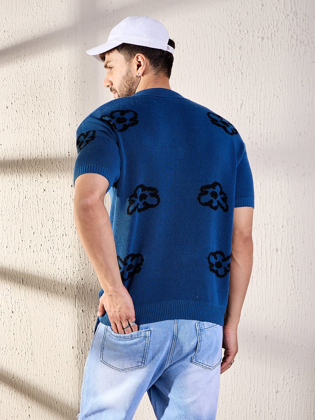 Navy Floral Knitted Shirt - qivii