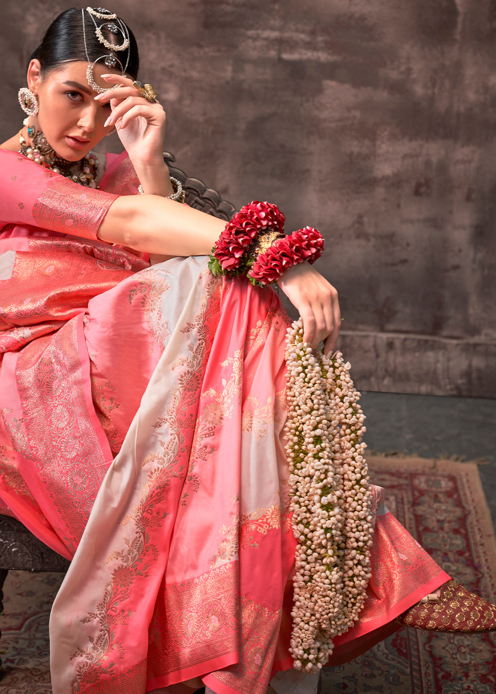 Peach Pink Rangkaat Handloom Silk Saree - qivii