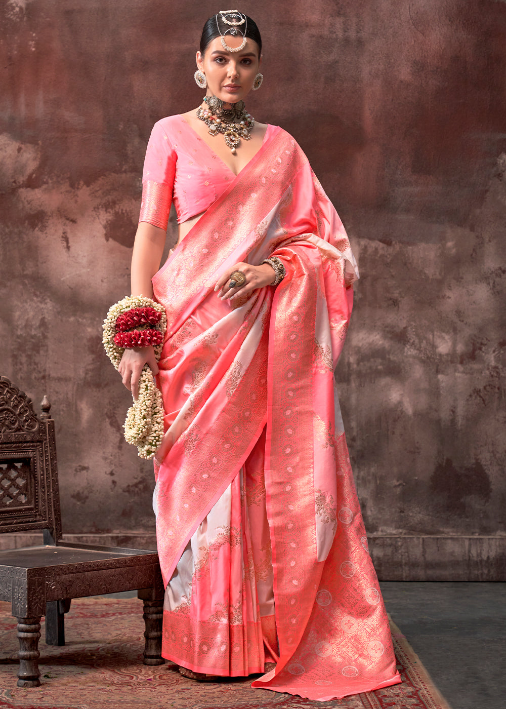 Peach Pink Rangkaat Handloom Silk Saree - qivii
