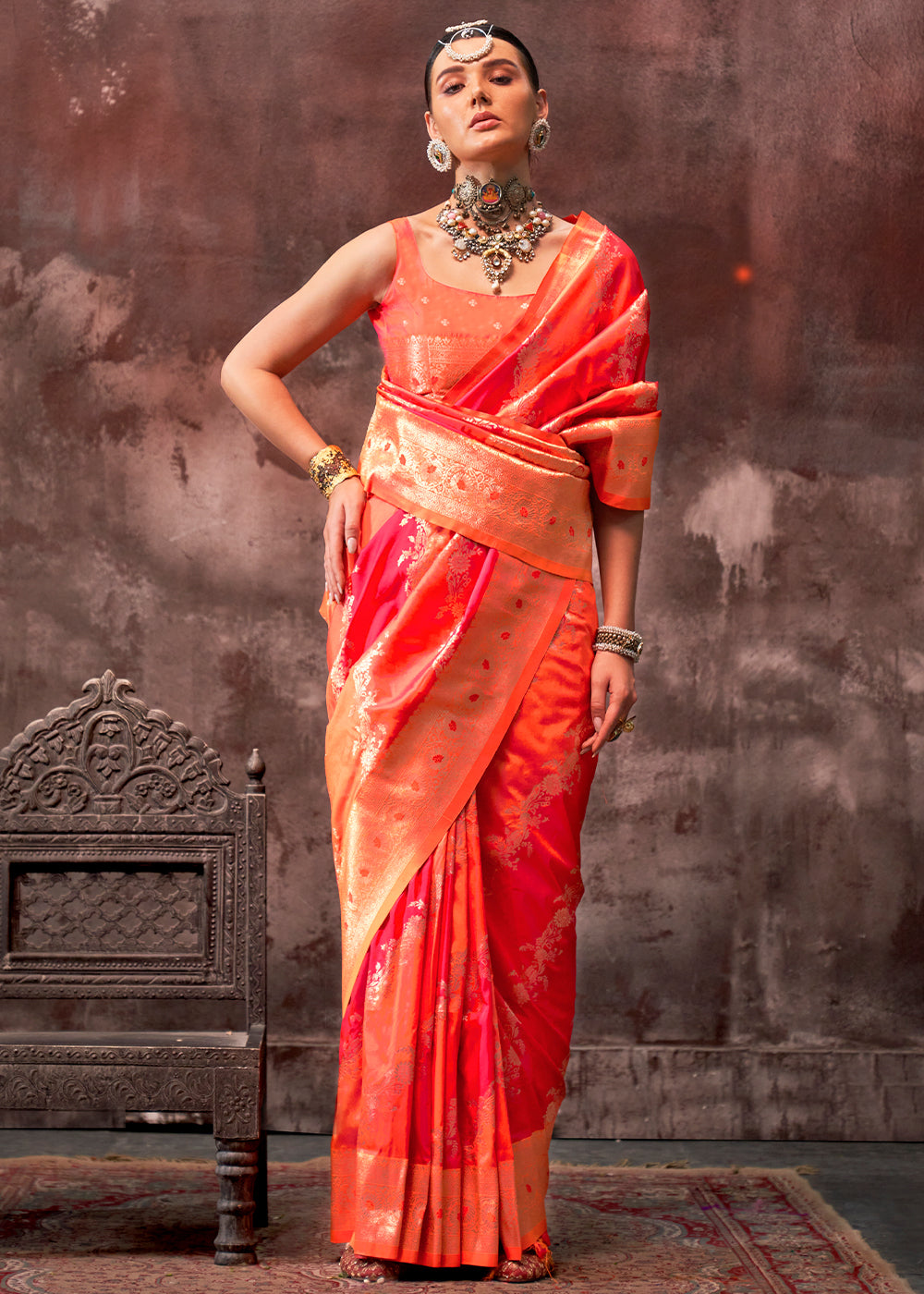 Pink & Orange Rangkaat Handloom Silk Saree - qivii
