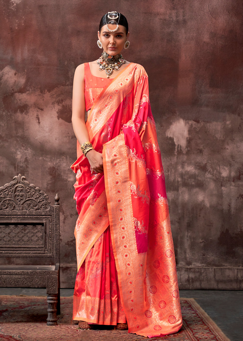 Pink & Orange Rangkaat Handloom Silk Saree - qivii