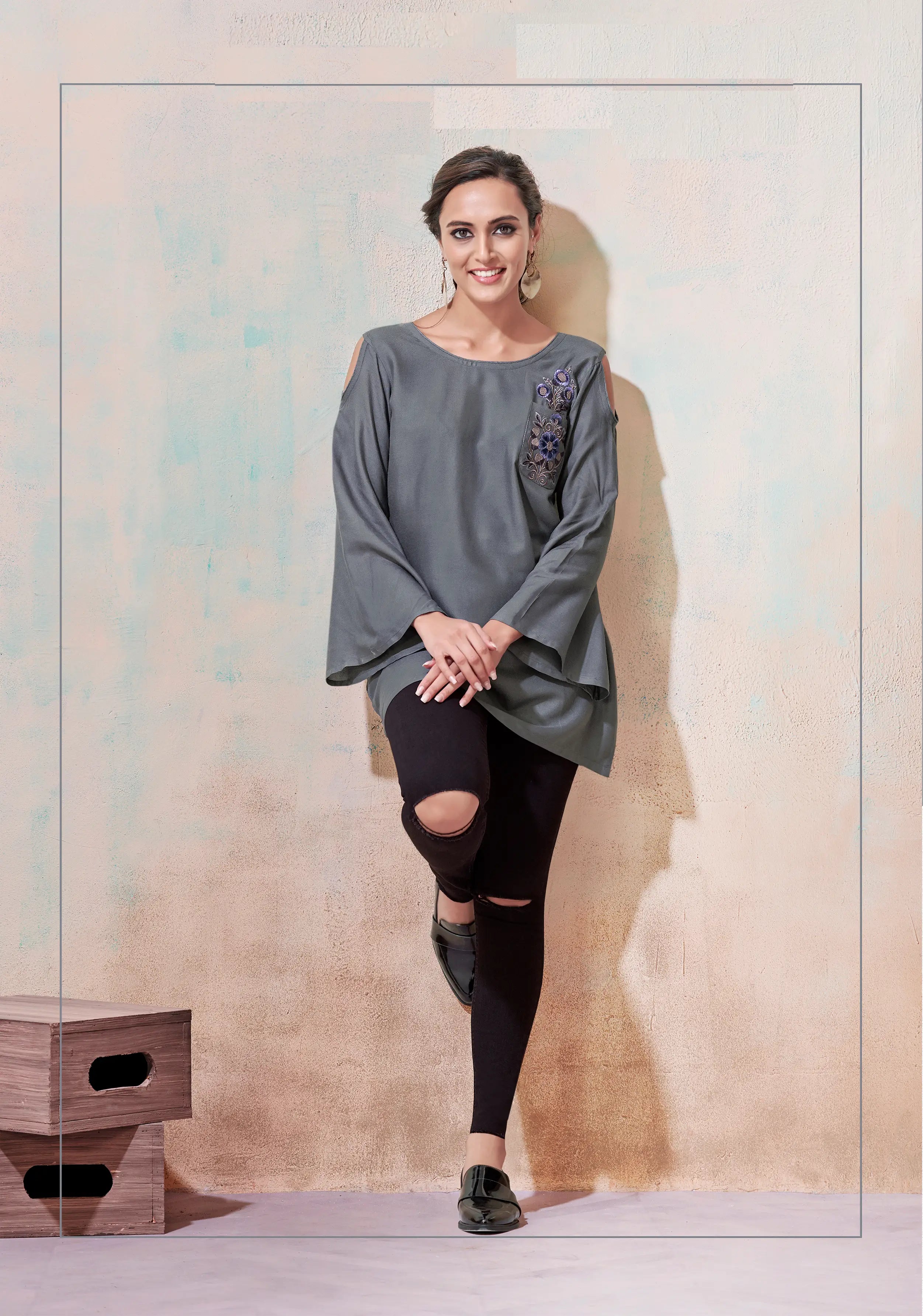 Grey Rayon Short Kurti With Embroidery Work - qivii