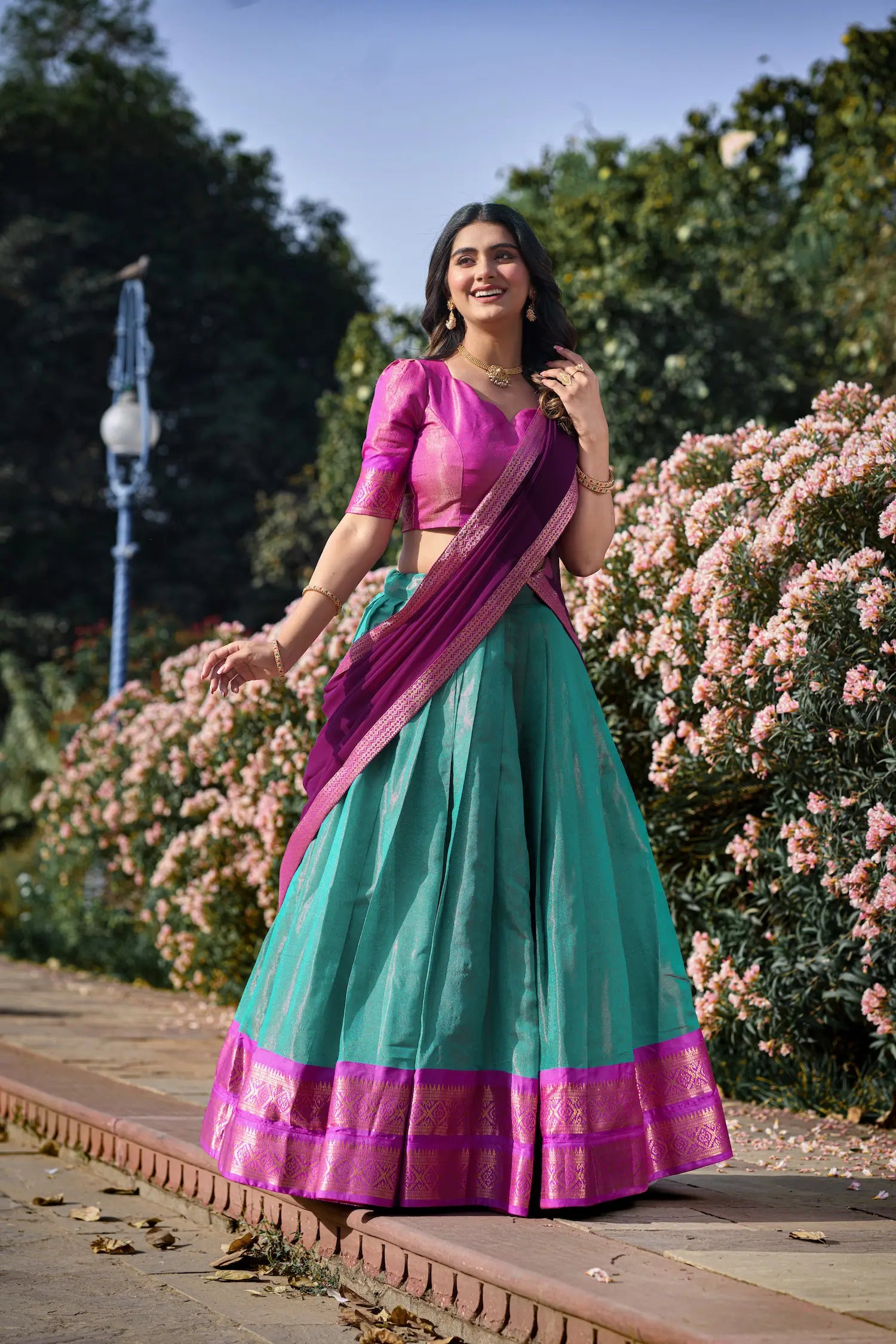 Sea Blue Kanchipuram Zari Weaving Work Lehenga Choli | Ready To Wear - qivii