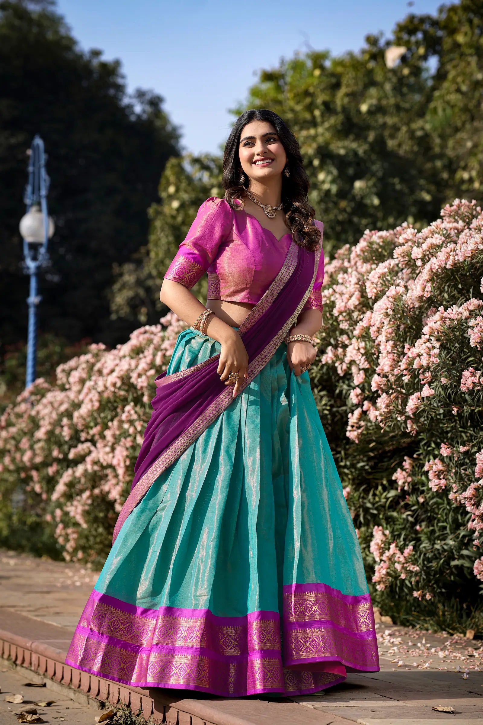 Sea Blue Kanchipuram Zari Weaving Work Lehenga Choli | Ready To Wear - qivii