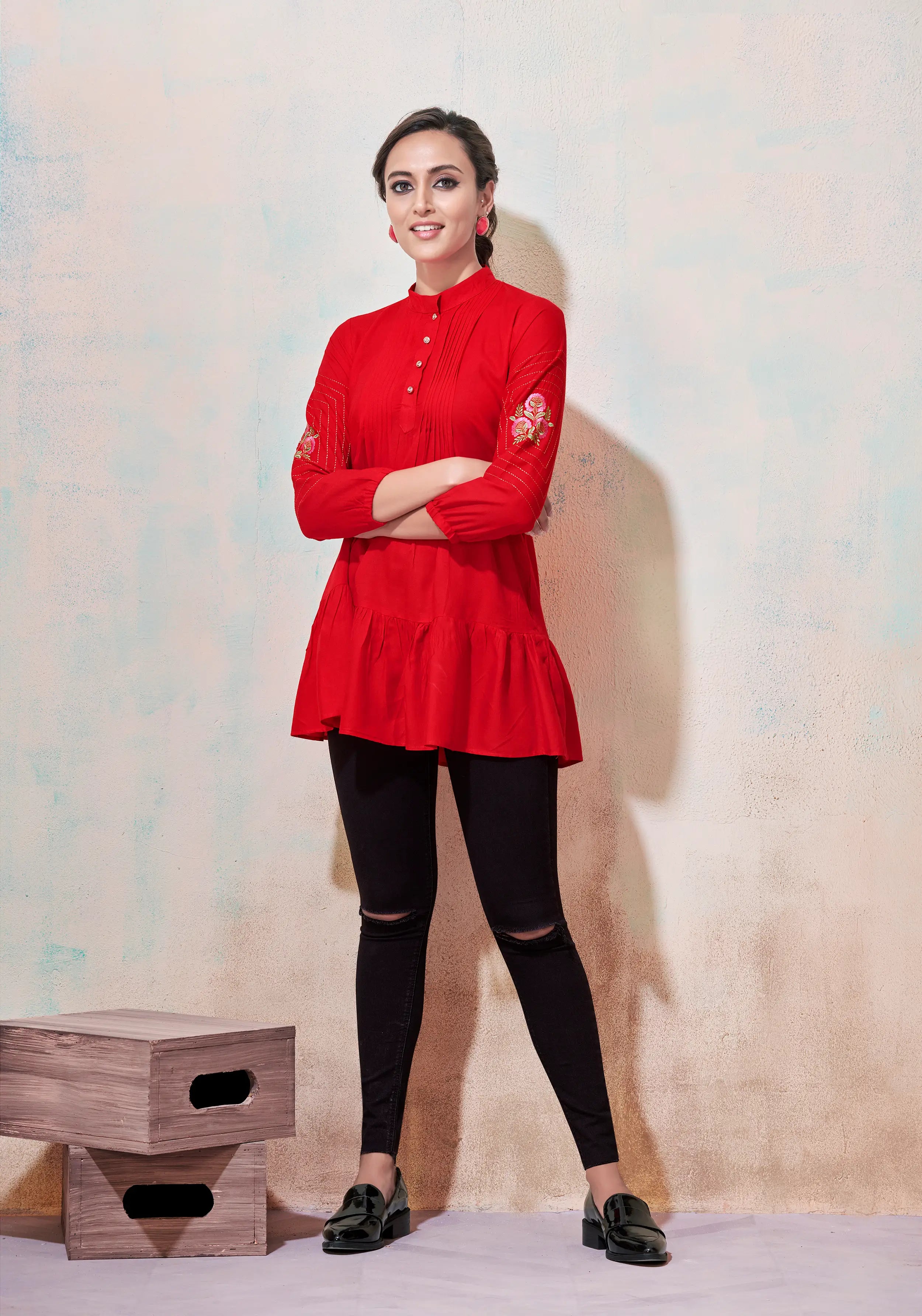 Red Rayon Short Kurti With Embroidery Work - qivii