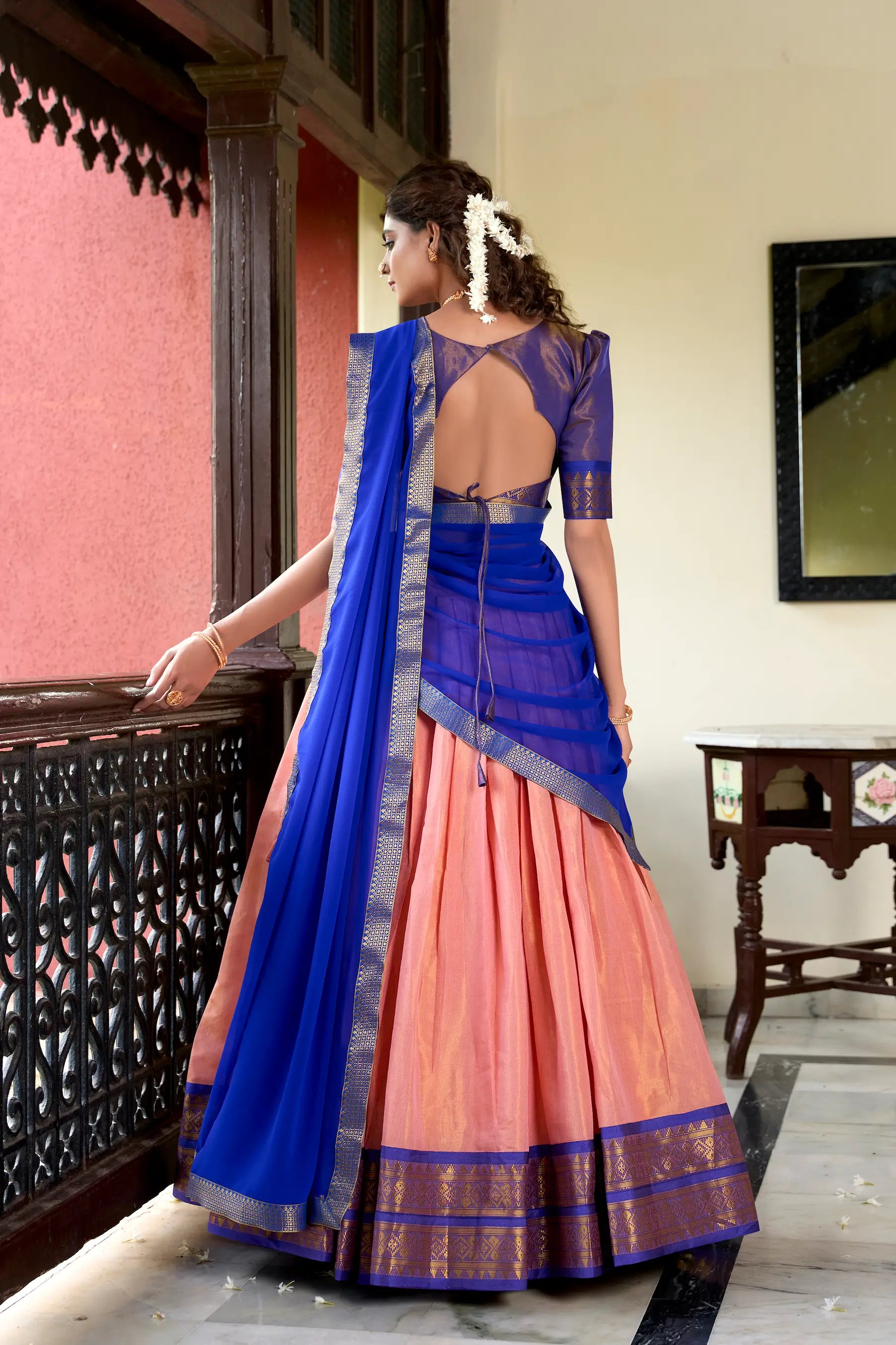 Peach Kanchipuram Zari Weaving Work Lehenga Choli | Ready To Wear - qivii