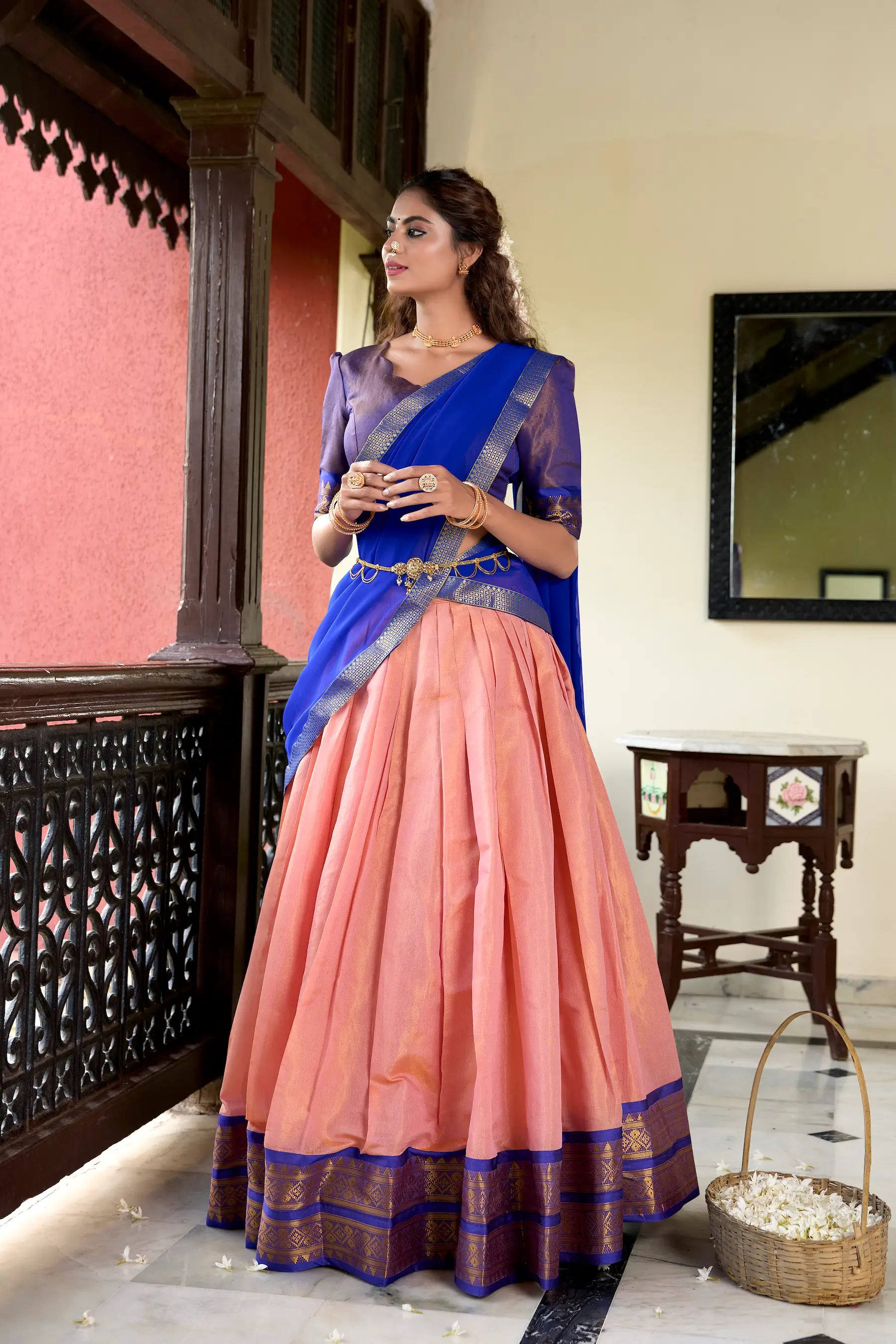 Peach Kanchipuram Zari Weaving Work Lehenga Choli | Ready To Wear - qivii