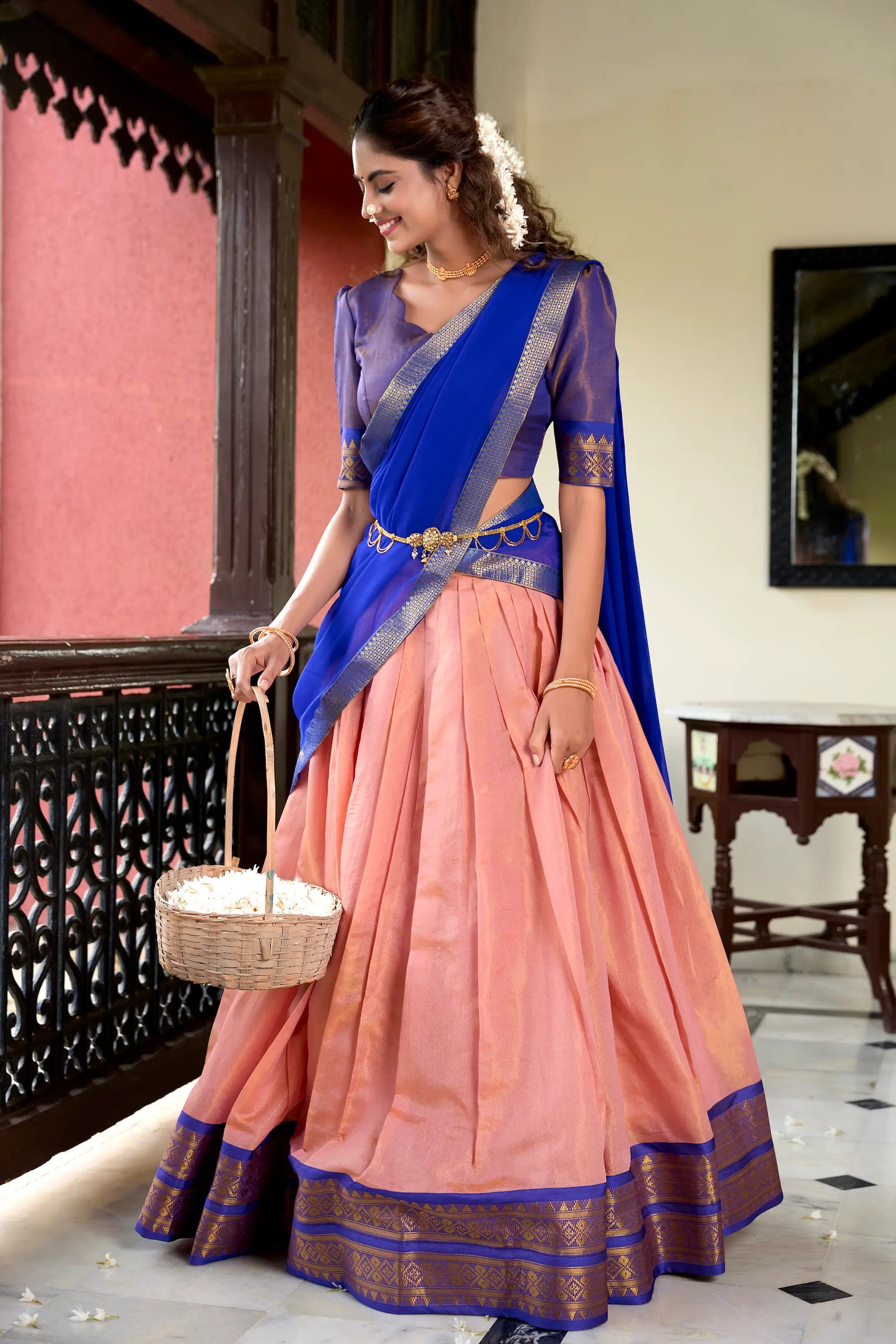Peach Kanchipuram Zari Weaving Work Lehenga Choli | Ready To Wear - qivii