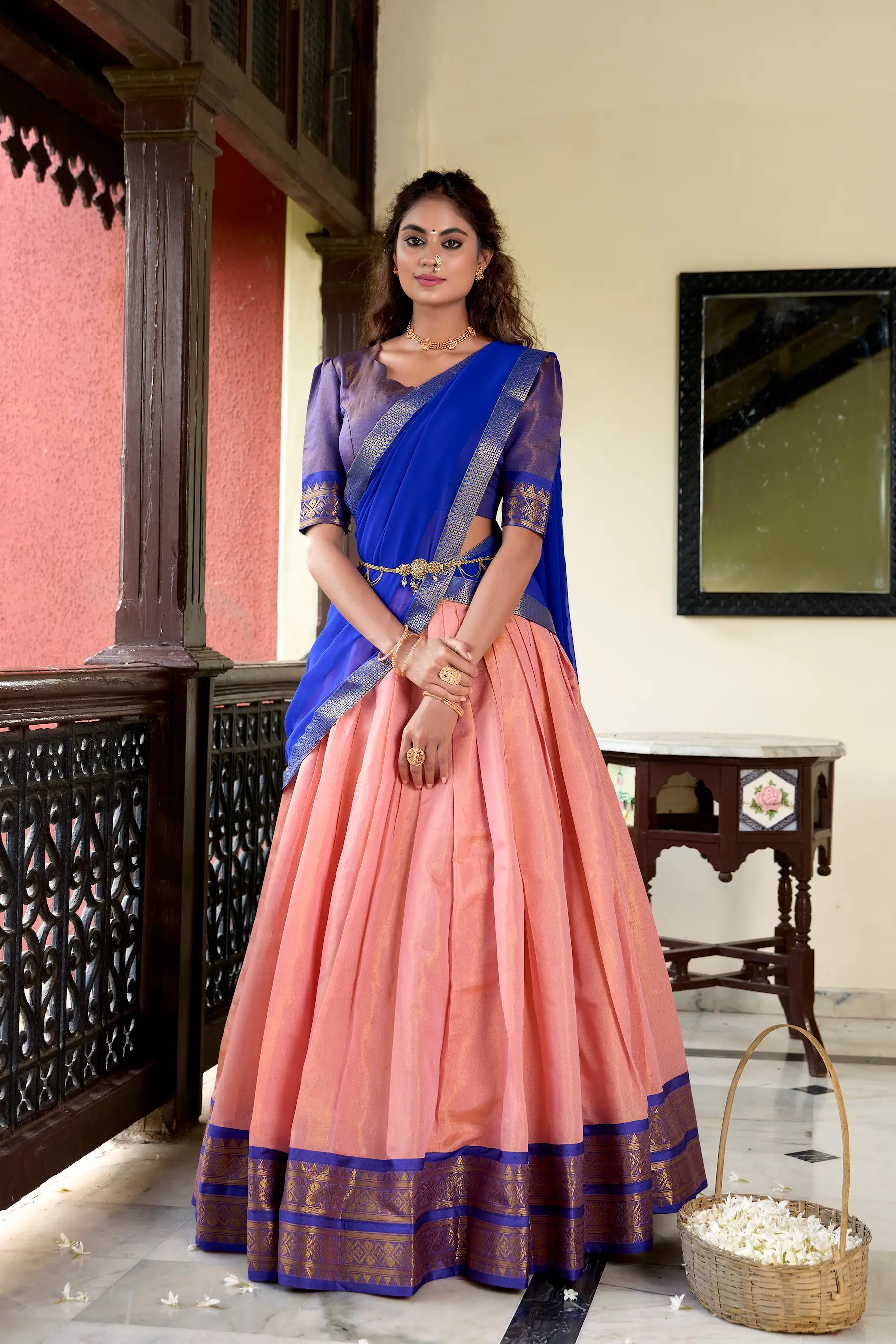 Peach Kanchipuram Zari Weaving Work Lehenga Choli | Ready To Wear - qivii