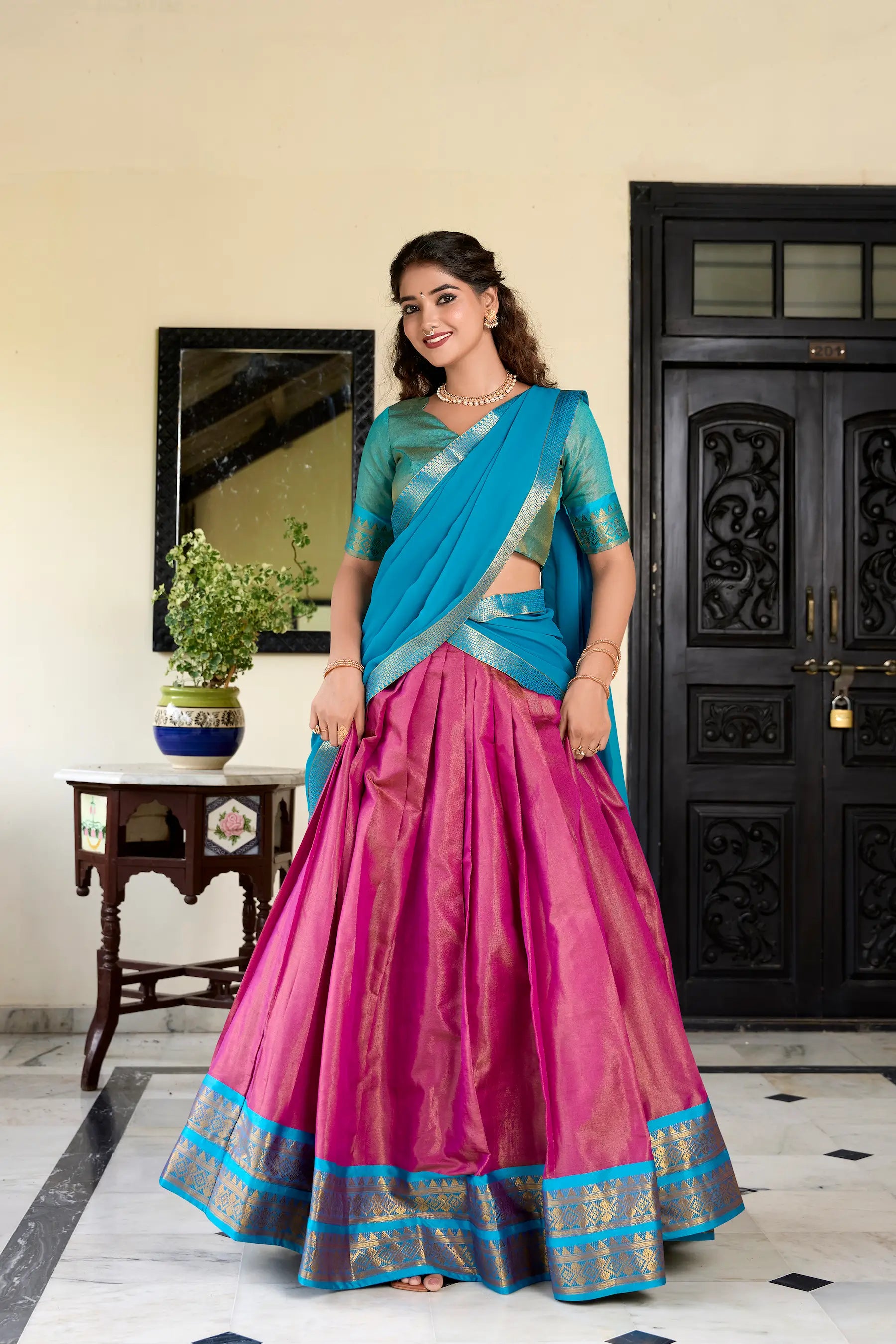 Pink Kanchipuram Zari Weaving Work Lehenga Choli | Ready To Wear - qivii