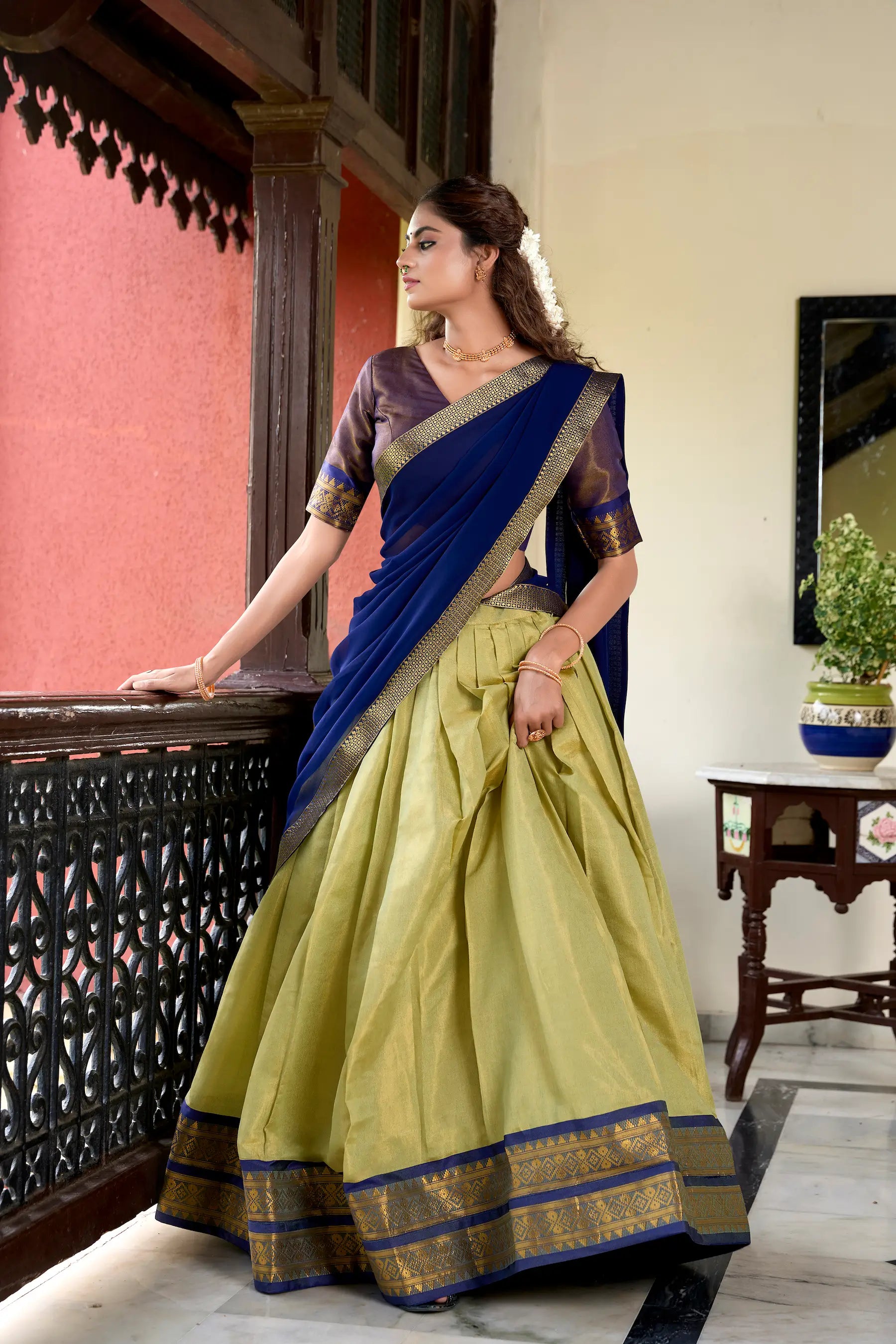 Olive Green Kanchipuram Zari Weaving Work Lehenga Choli | Ready To Wear - qivii