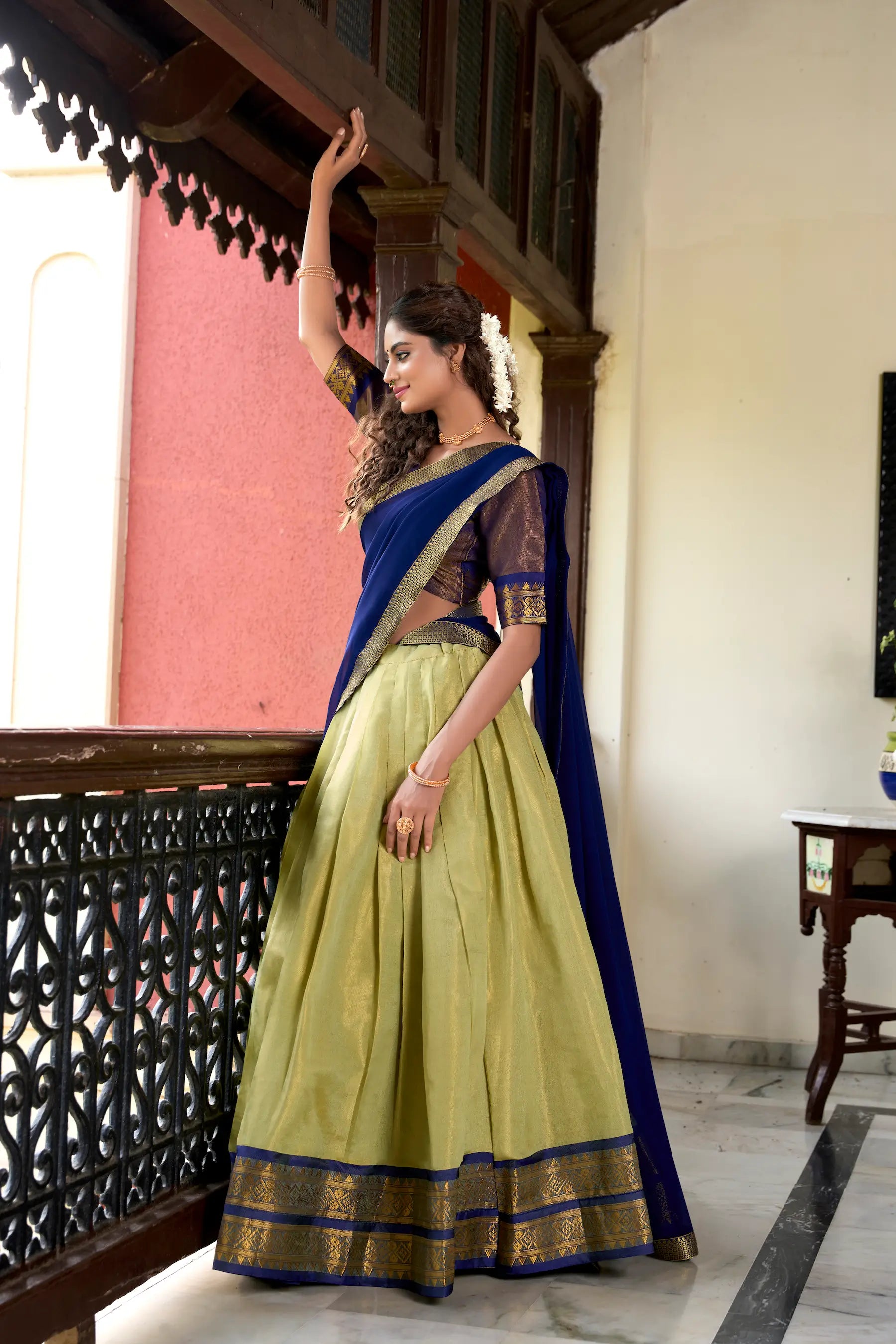 Olive Green Kanchipuram Zari Weaving Work Lehenga Choli | Ready To Wear - qivii