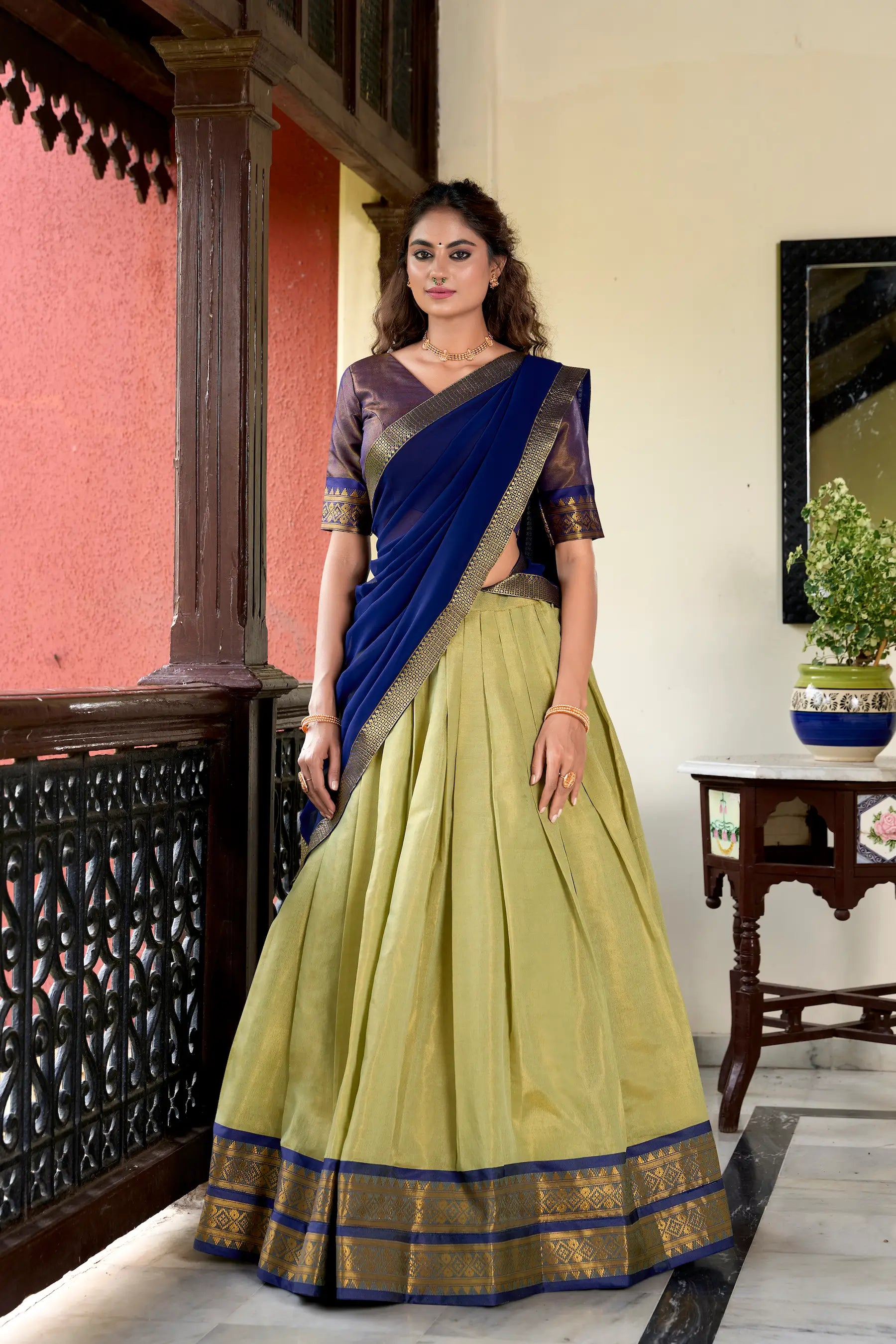 Olive Green Kanchipuram Zari Weaving Work Lehenga Choli | Ready To Wear - qivii