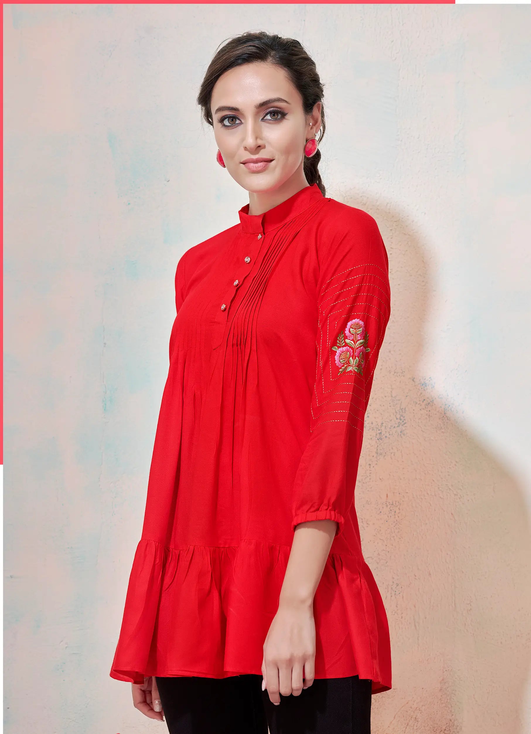 Red Rayon Short Kurti With Embroidery Work - qivii