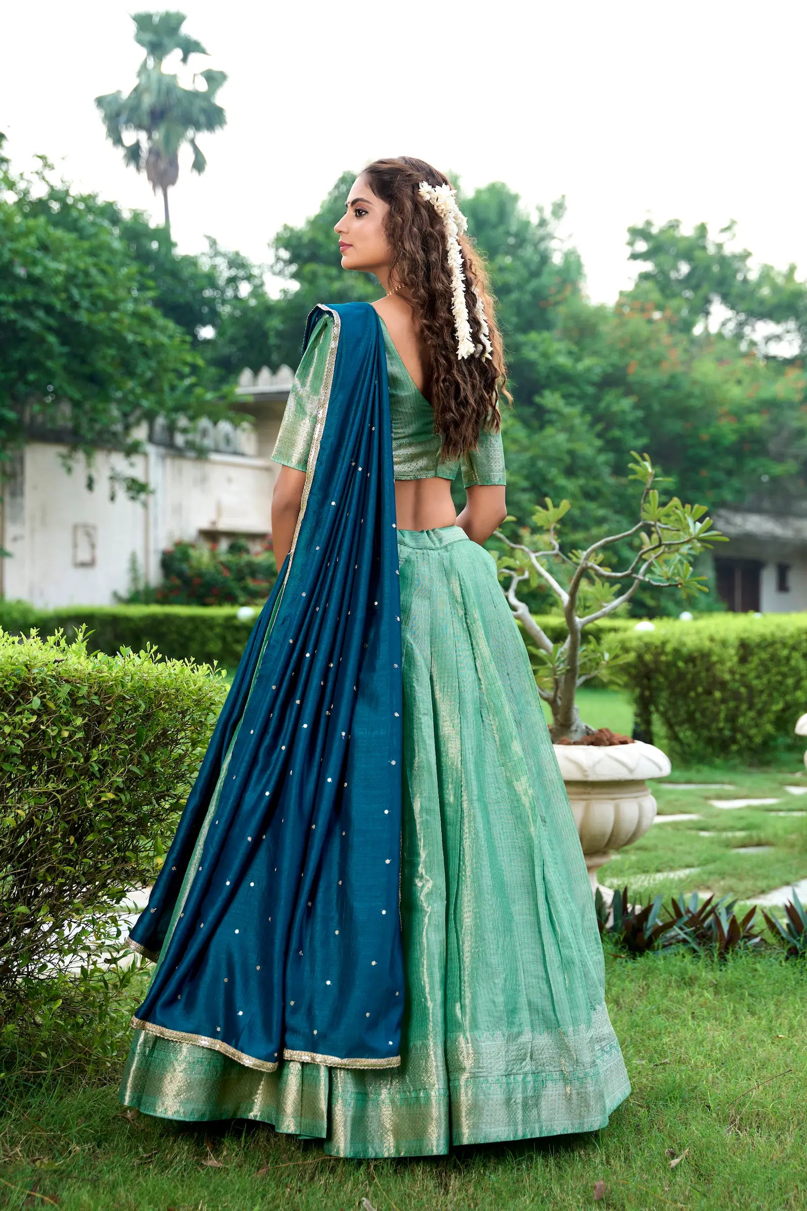 Sea Green Kanchipuram Zari Weaving Work Lehenga Choli | Ready To Wear - qivii