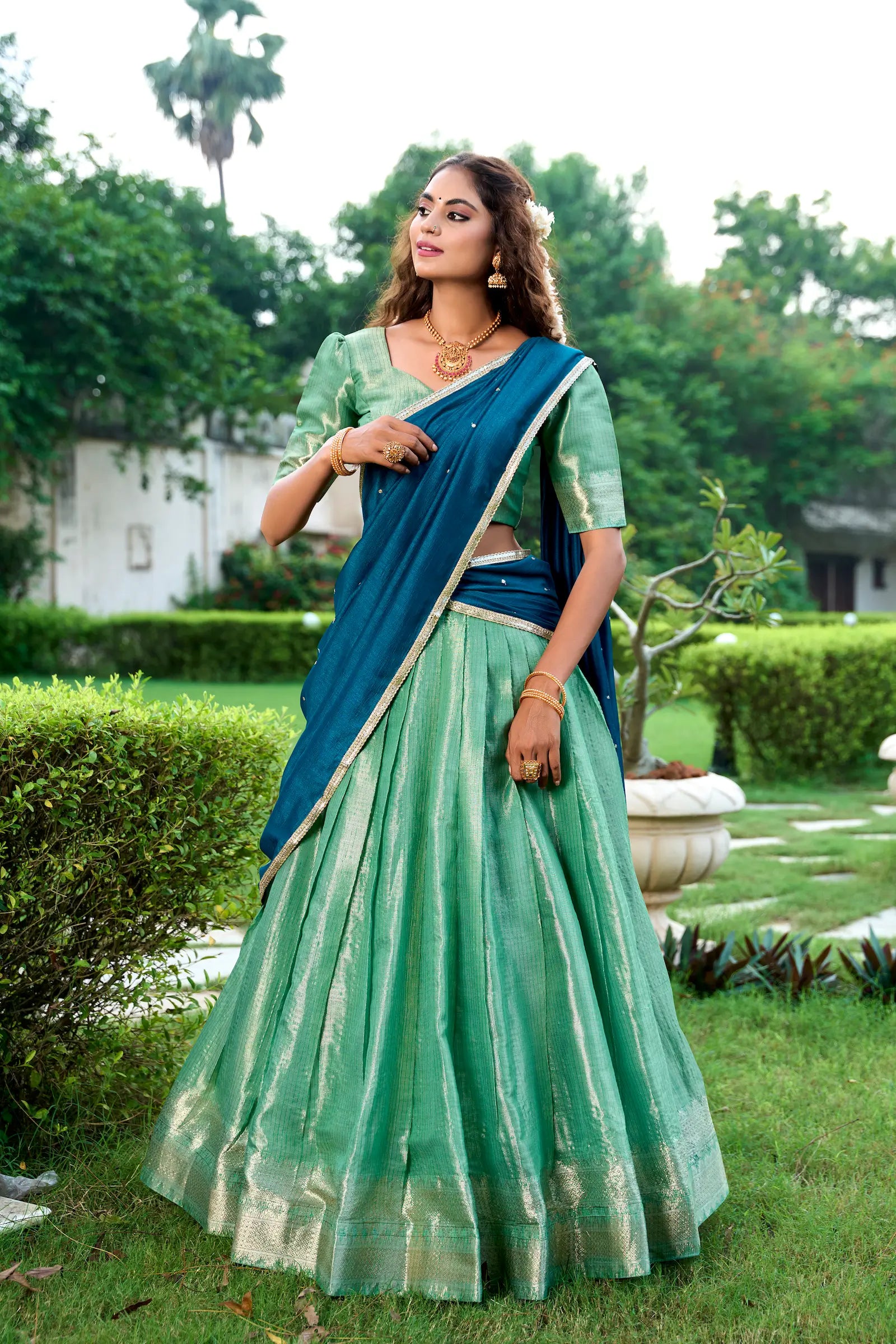 Sea Green Kanchipuram Zari Weaving Work Lehenga Choli | Ready To Wear - qivii