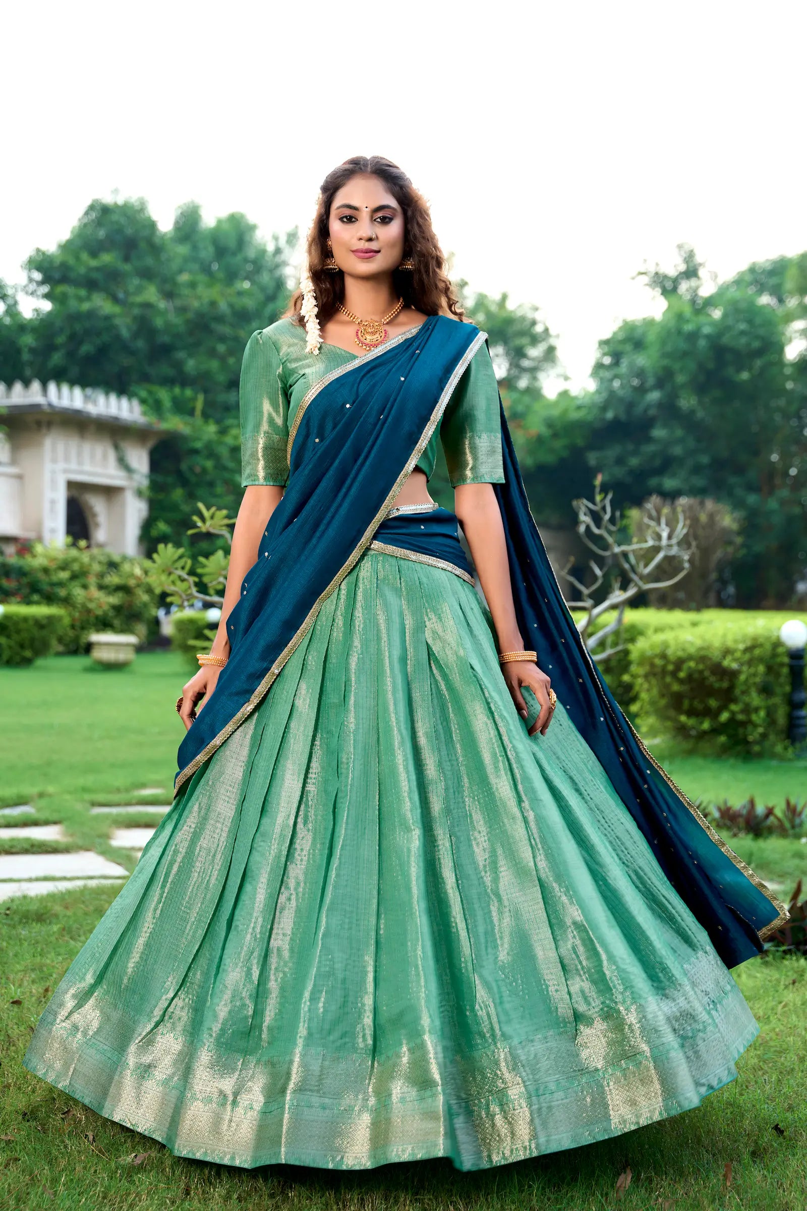 Sea Green Kanchipuram Zari Weaving Work Lehenga Choli | Ready To Wear - qivii