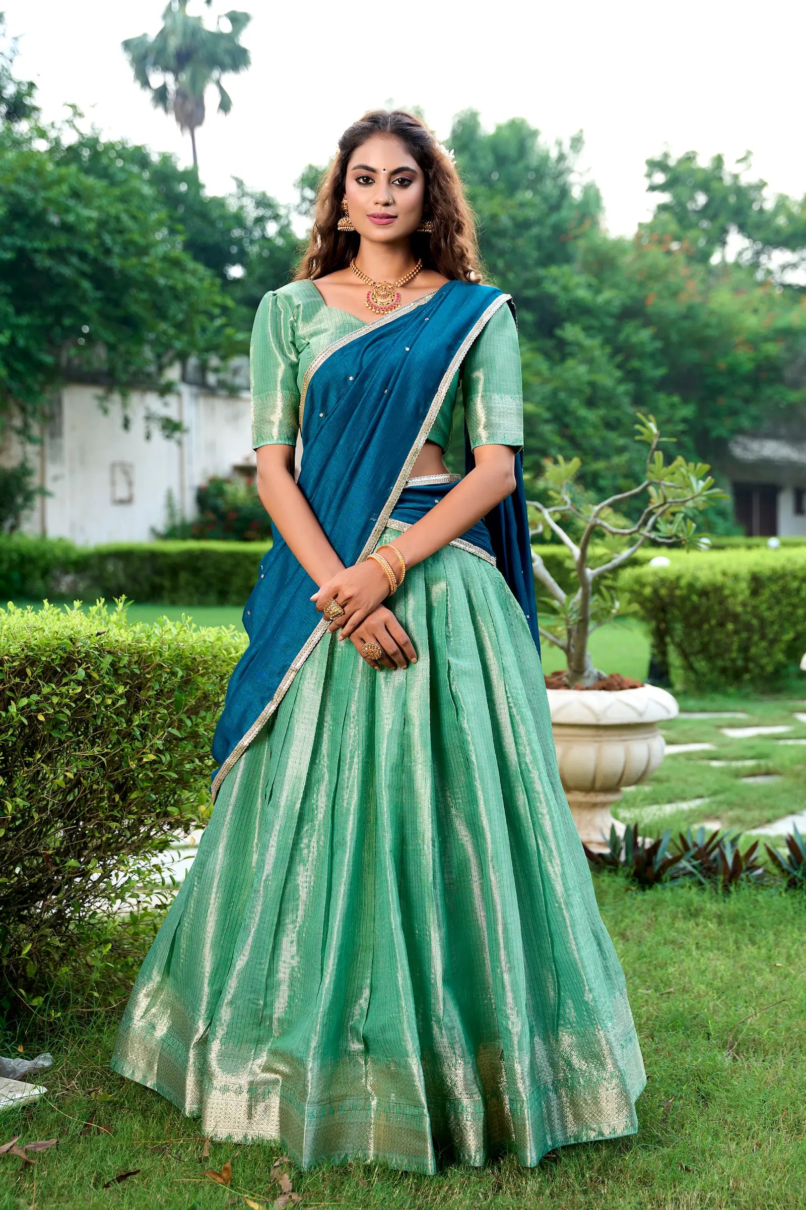 Sea Green Kanchipuram Zari Weaving Work Lehenga Choli | Ready To Wear - qivii