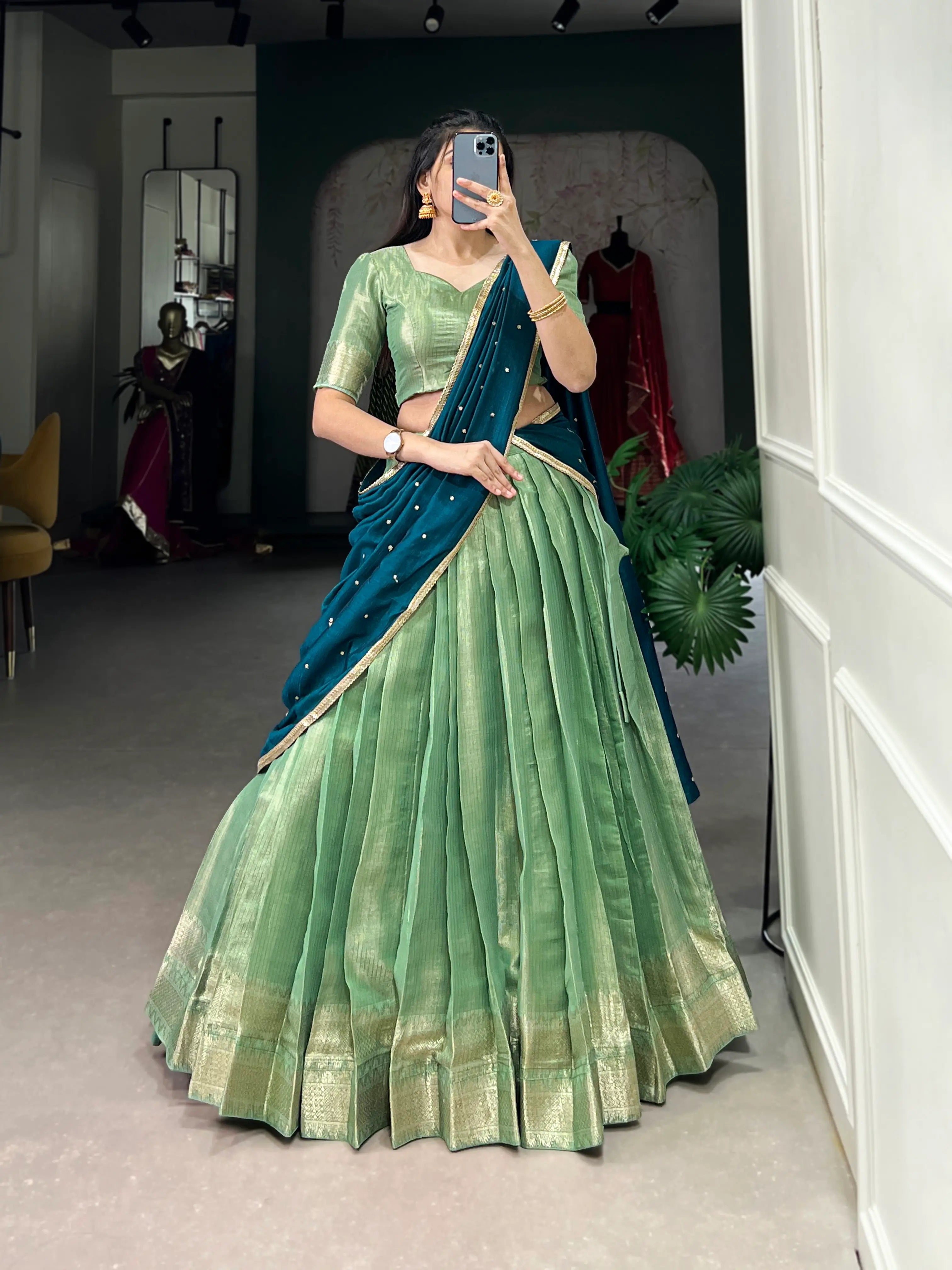 Sea Green Kanchipuram Zari Weaving Work Lehenga Choli | Ready To Wear - qivii