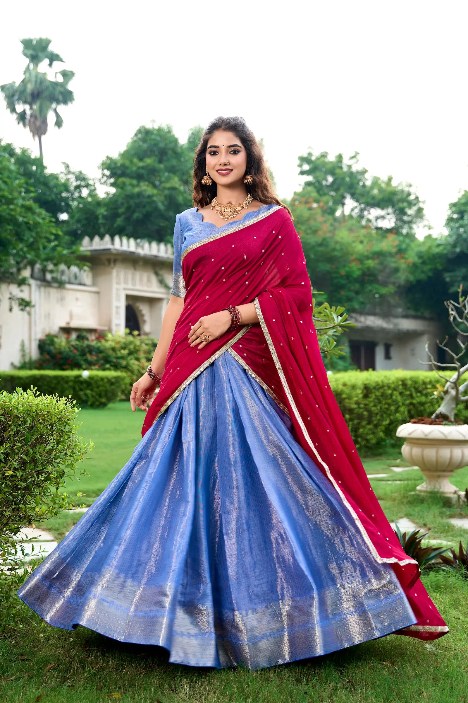 Royal Blue Kanchipuram Zari Weaving Work Lehenga Choli | Ready To Wear - qivii