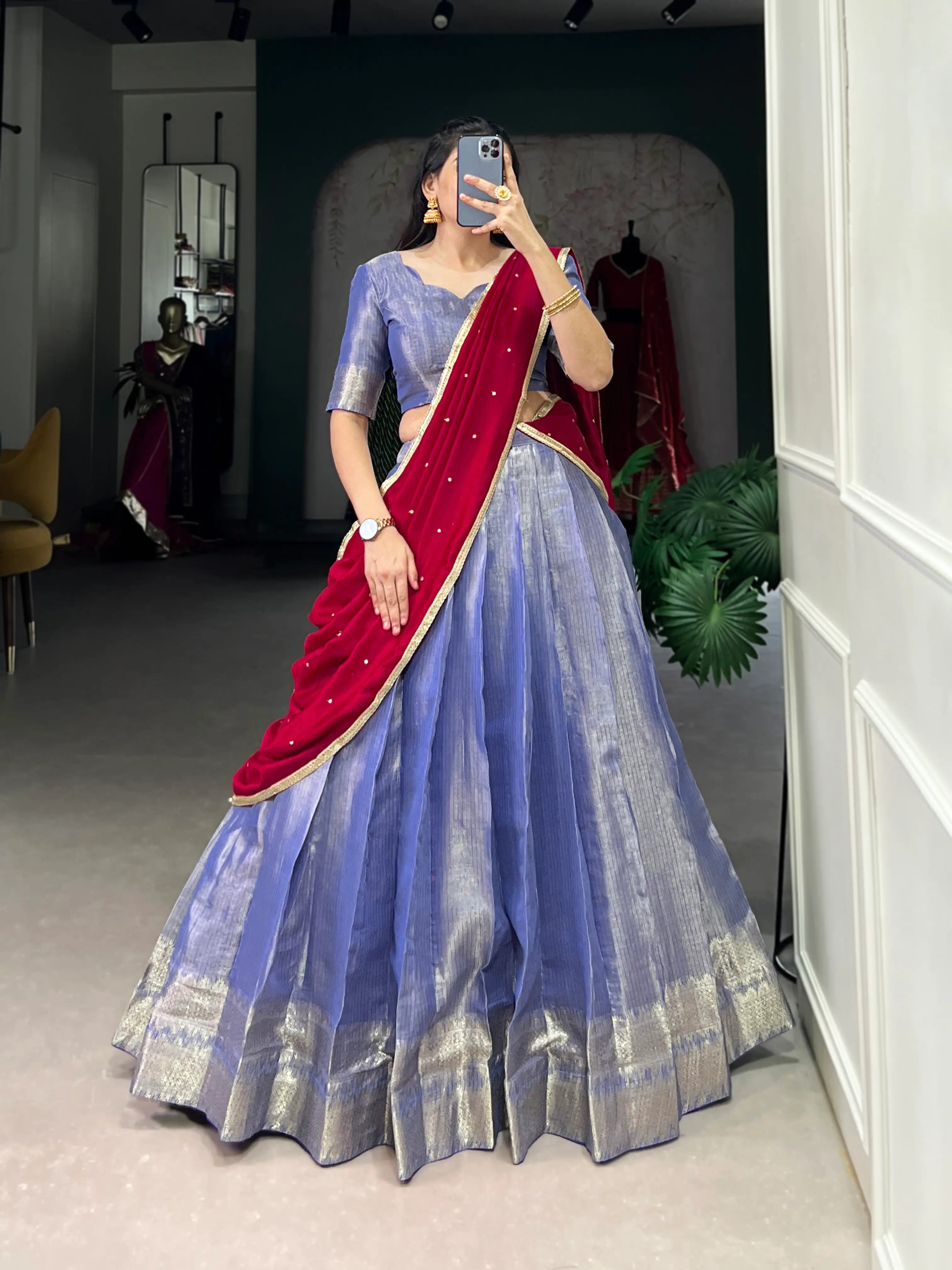 Royal Blue Kanchipuram Zari Weaving Work Lehenga Choli | Ready To Wear - qivii