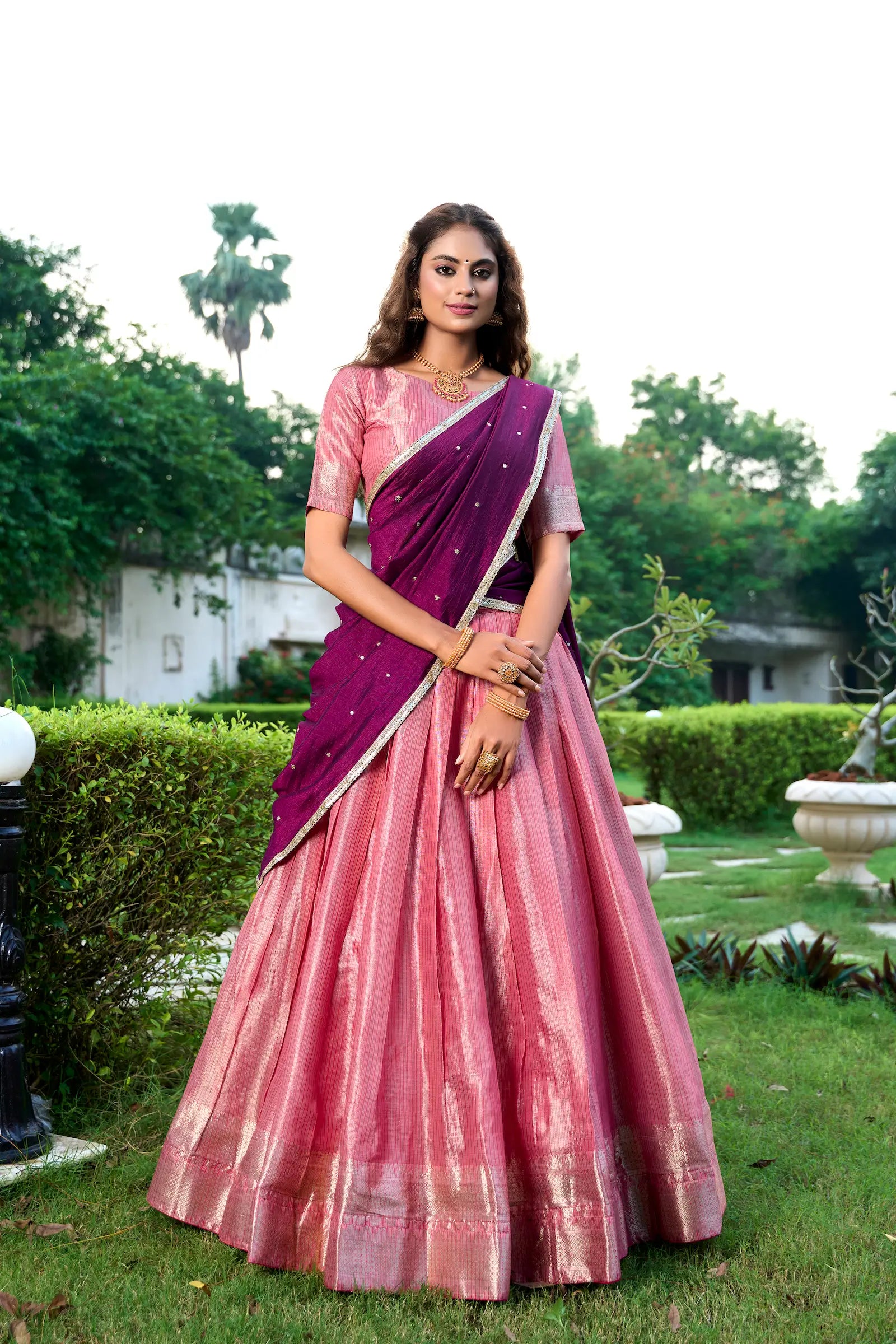 Salmon Pink Kanchipuram Zari Weaving Work Lehenga Choli | Ready To Wear - qivii