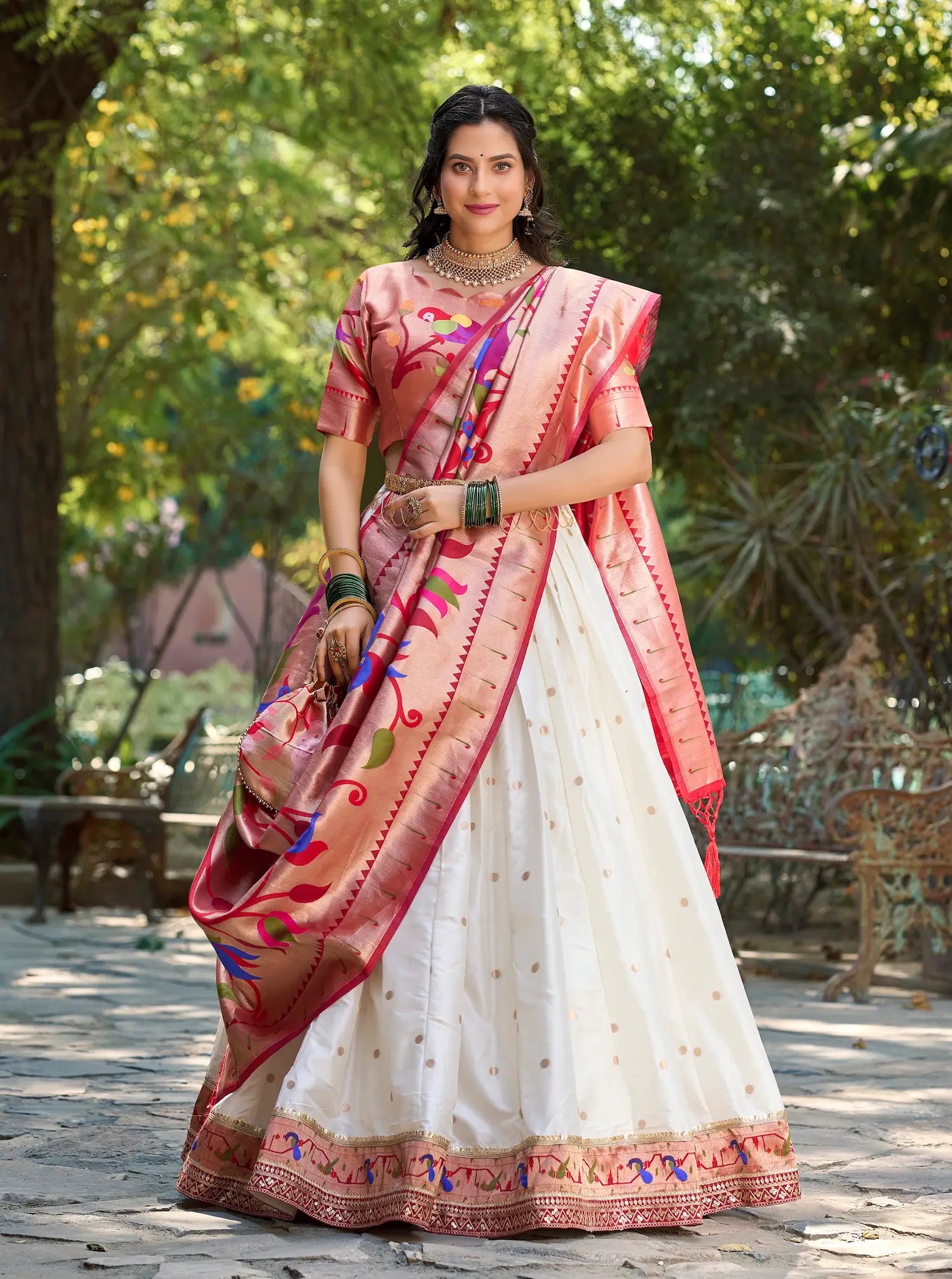 White Jacquard Silk Lehenga Choli With Zari Weaving Work | Ready To Wear - qivii