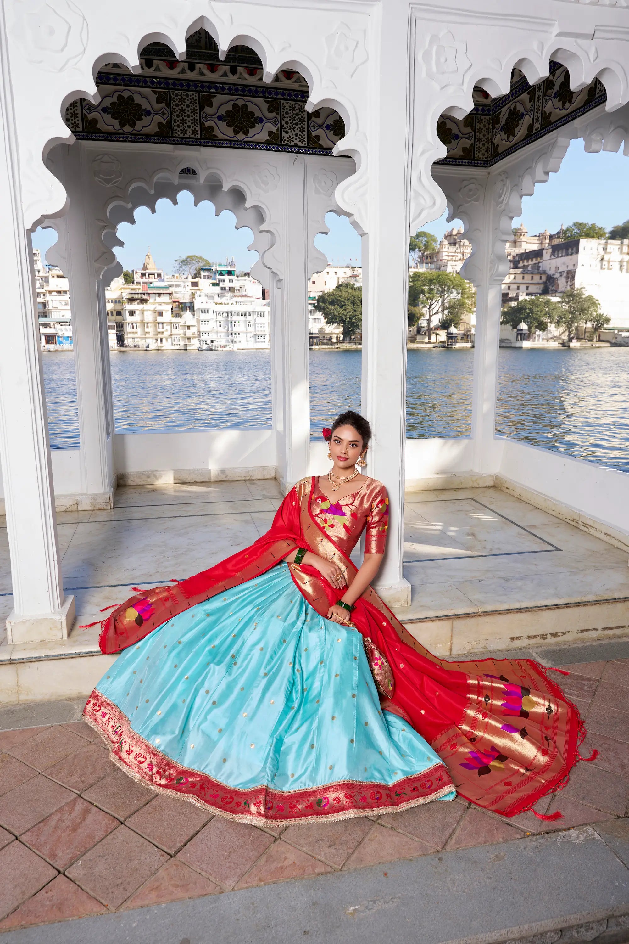 Sea Blue Jacquard Silk Zari Weaving Paithani Lehenga Choli | Ready To Wear - qivii