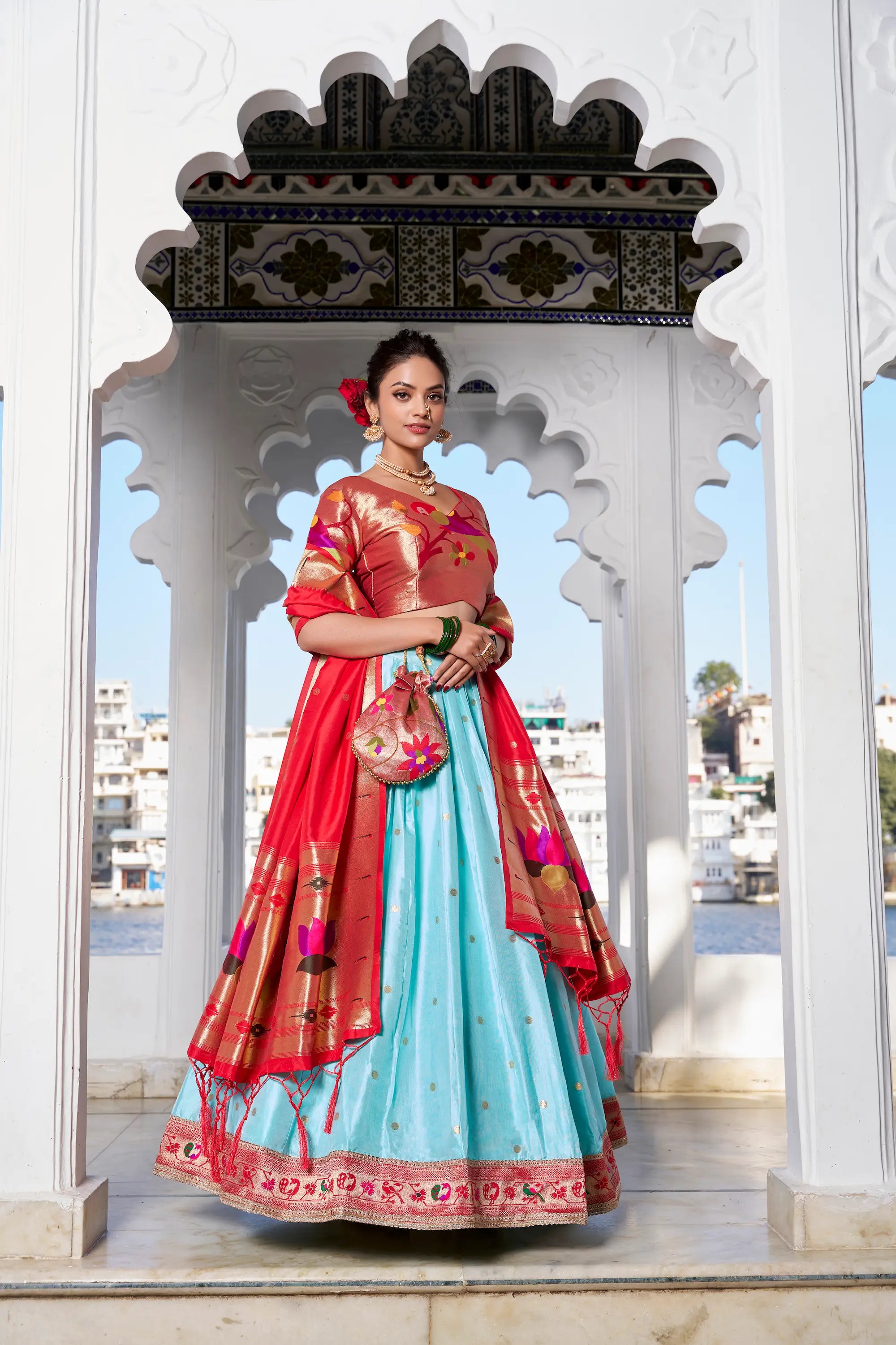 Sea Blue Jacquard Silk Zari Weaving Paithani Lehenga Choli | Ready To Wear - qivii