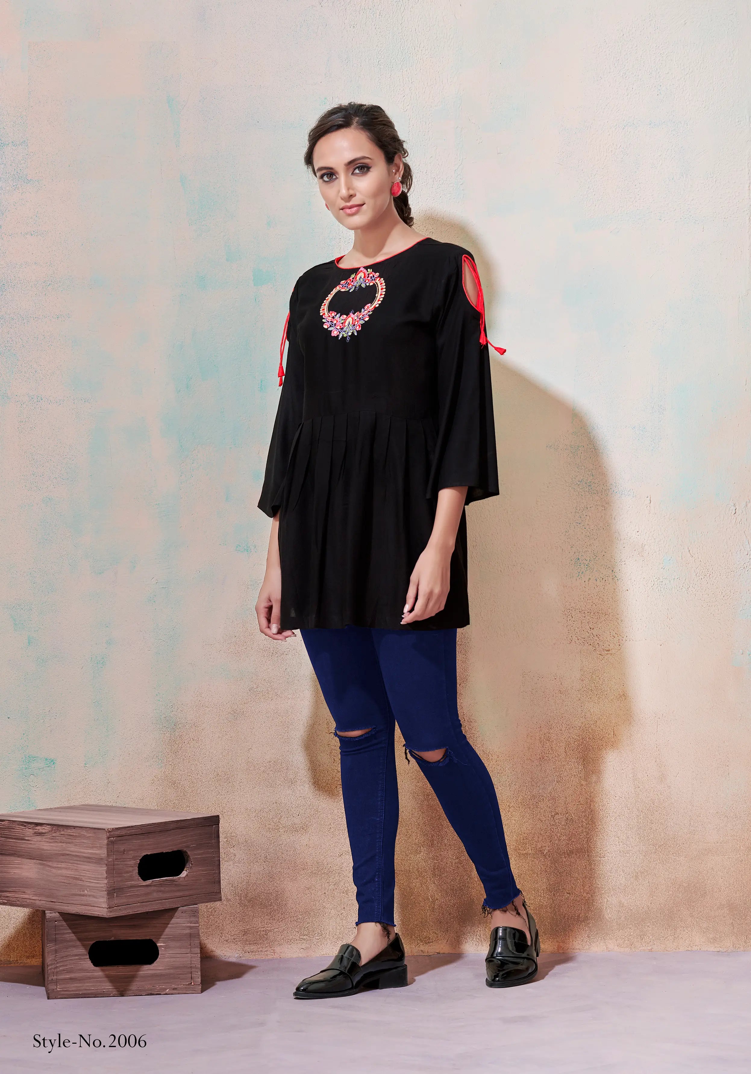 Black Short Kurti With Embroidery Work - qivii