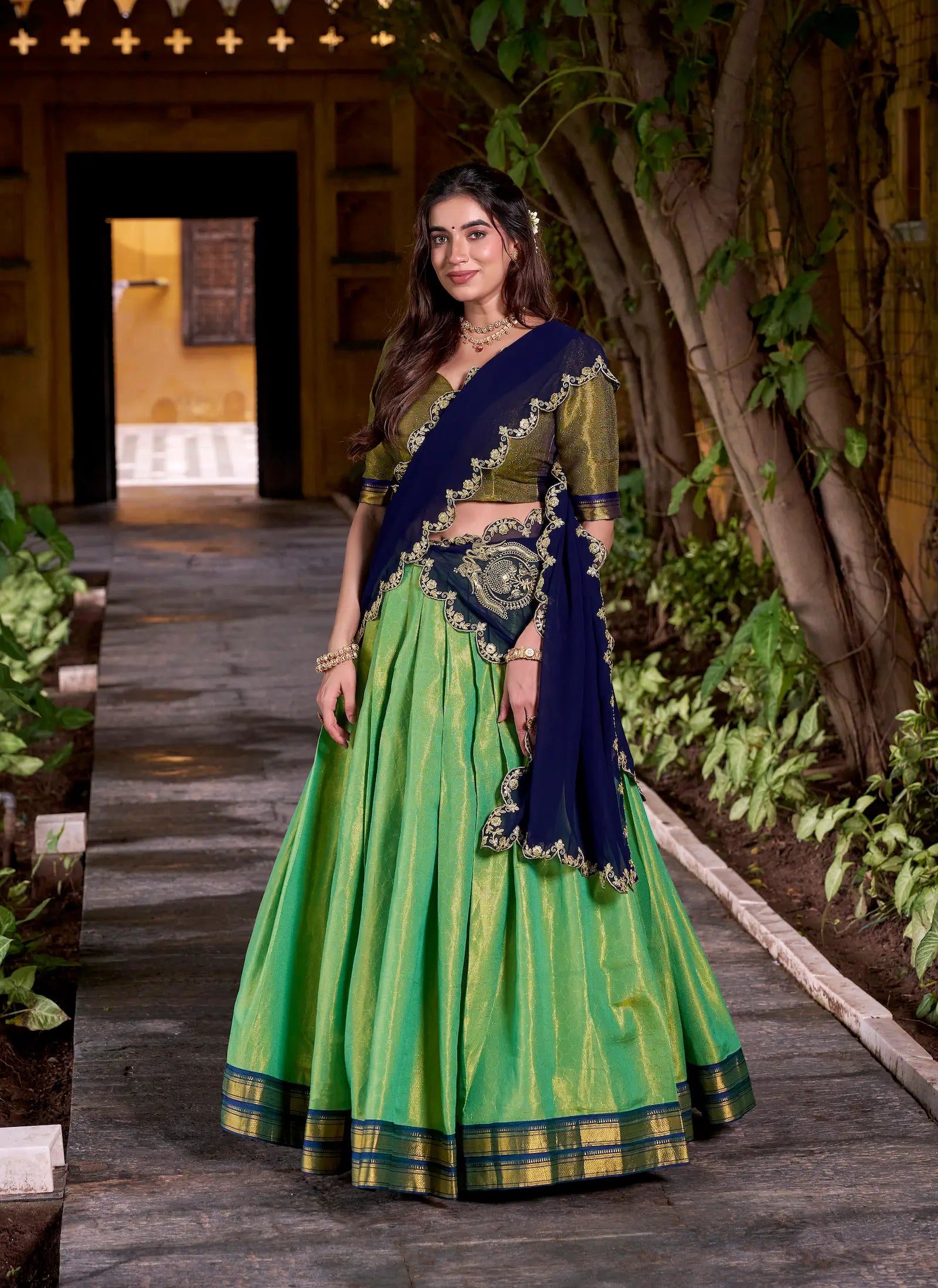 Parrot Green Kanchipuram Zari Weaving Work Lehenga Choli - qivii