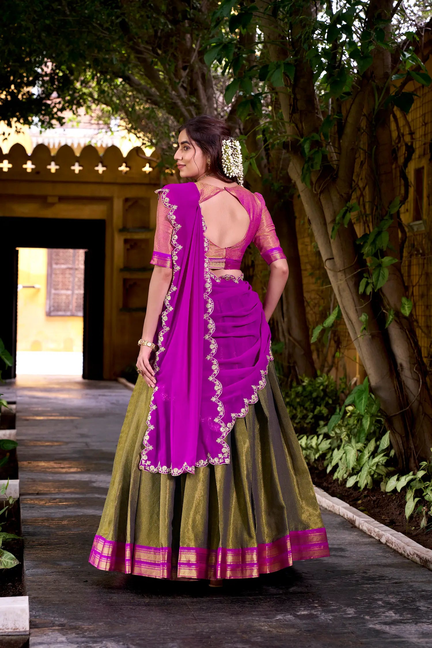 Dark Olive Kanchipuram Zari Weaving Work Lehenga Choli - qivii