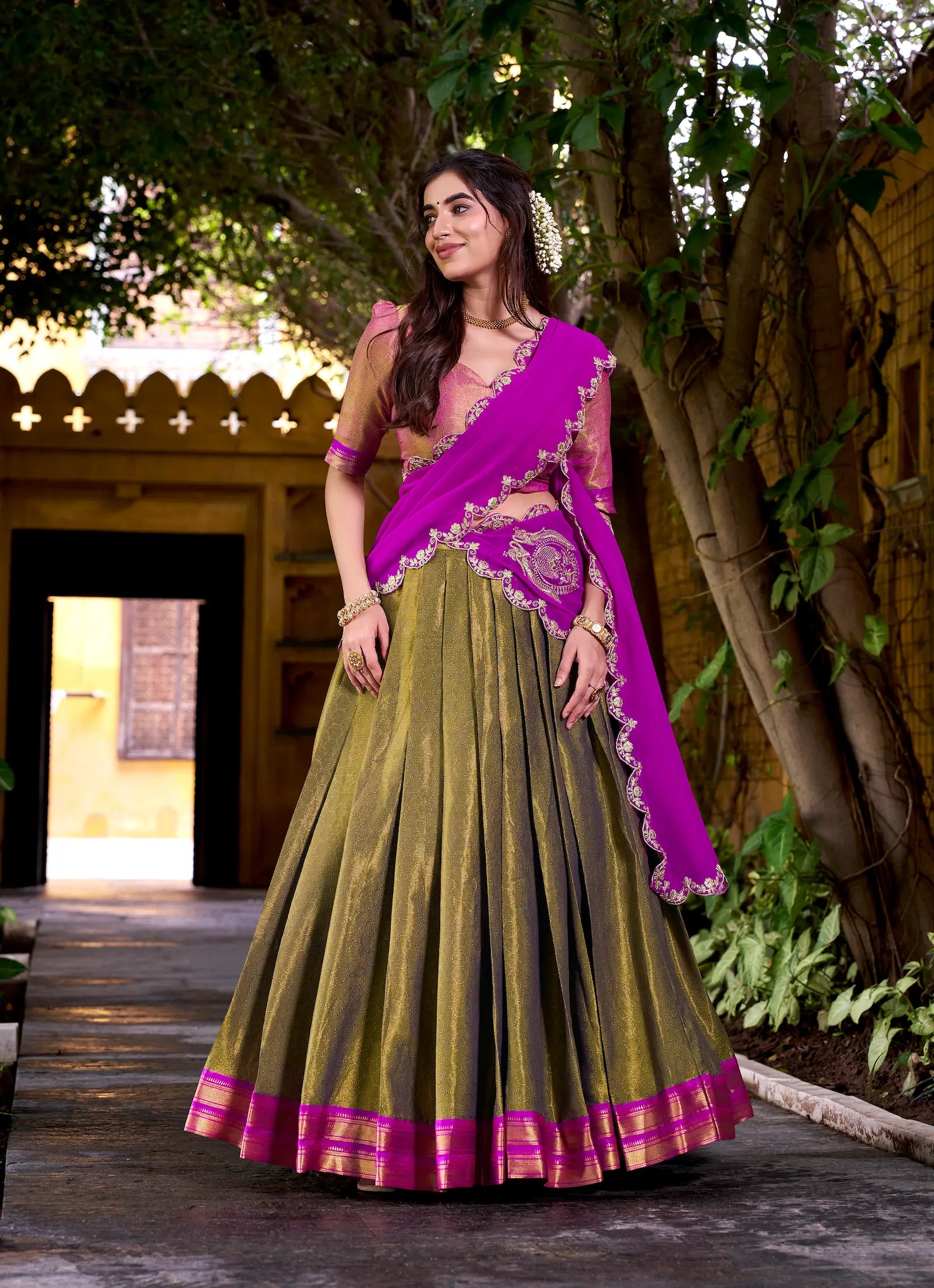 Dark Olive Kanchipuram Zari Weaving Work Lehenga Choli - qivii