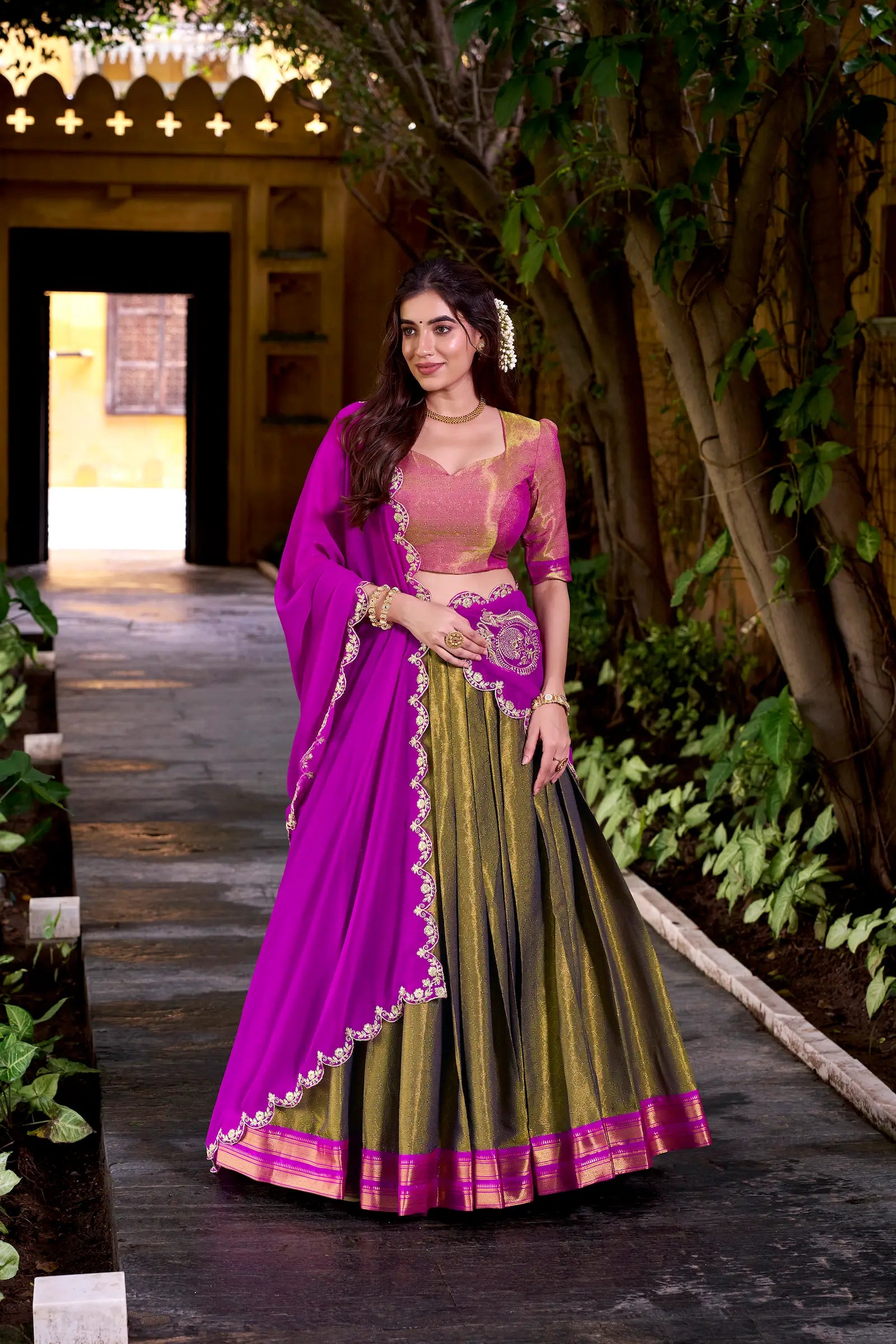 Dark Olive Kanchipuram Zari Weaving Work Lehenga Choli - qivii