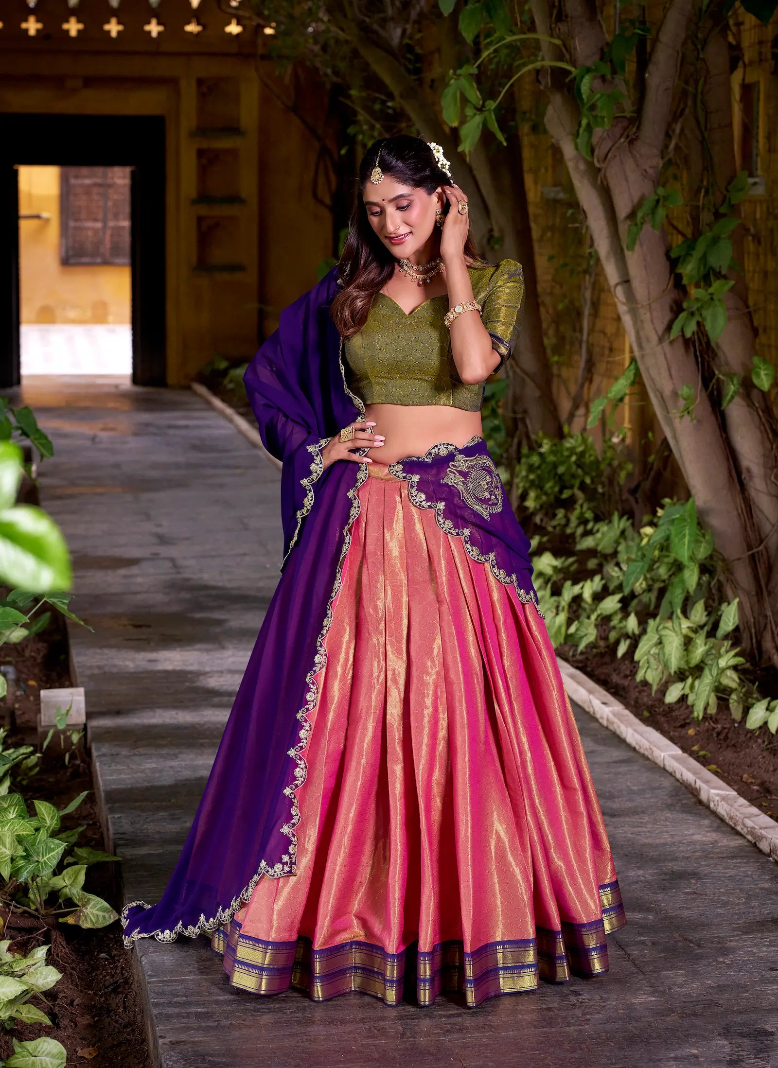 Peach Pink Kanchipuram Zari Weaving Work Lehenga Choli - qivii