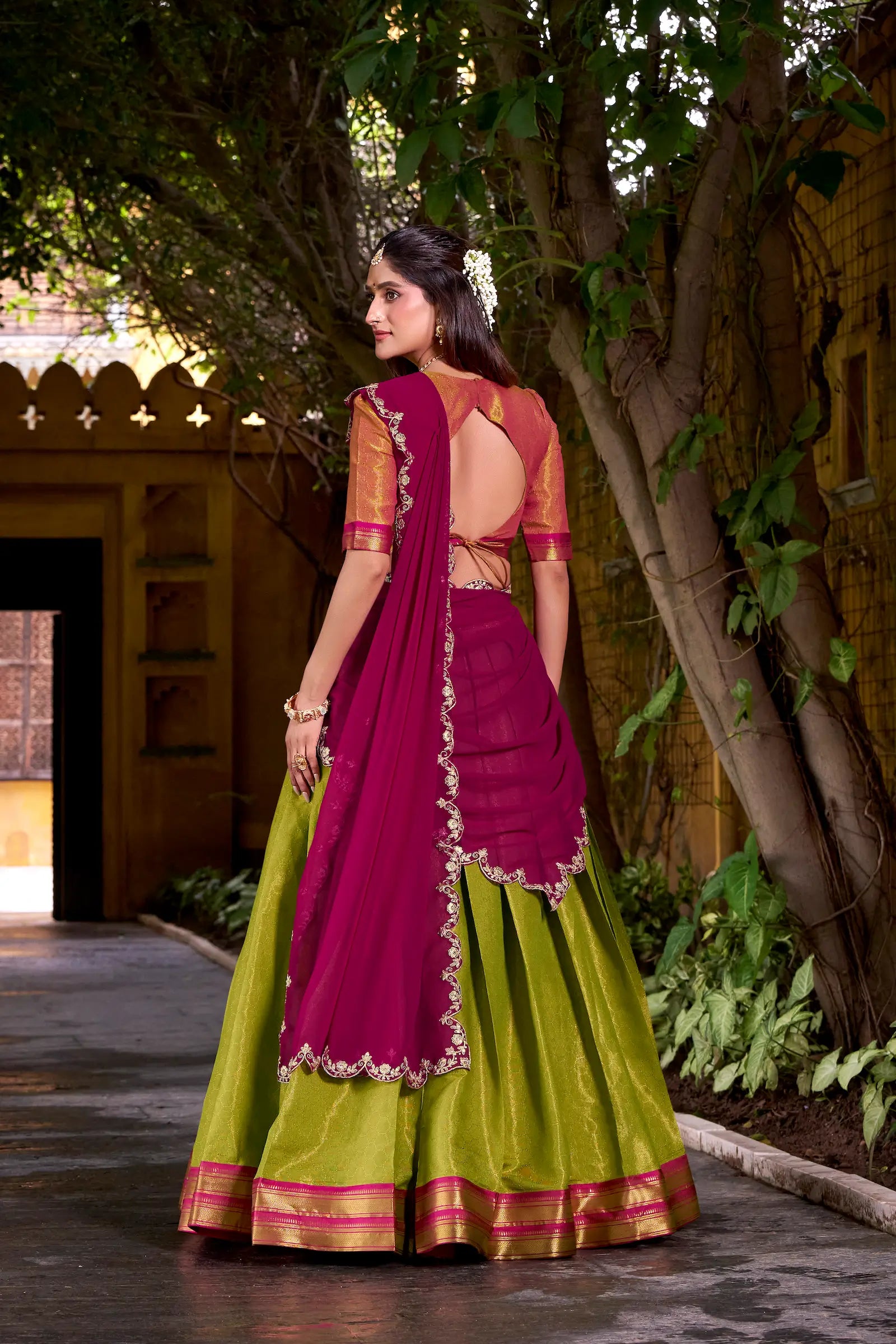 Olive Green Kanchipuram Zari Weaving Work Lehenga Choli - qivii