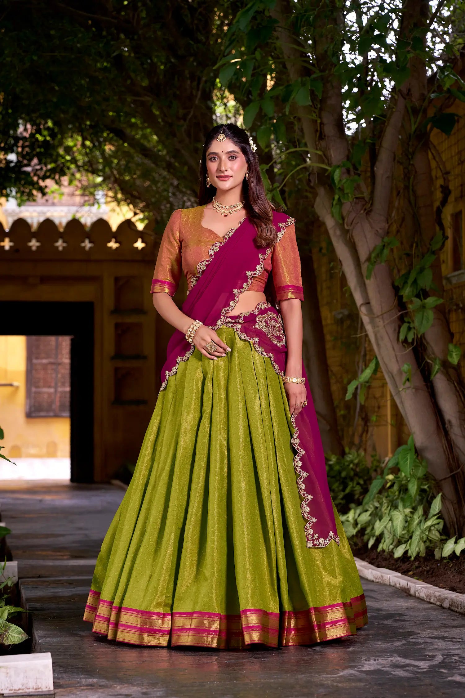 Olive Green Kanchipuram Zari Weaving Work Lehenga Choli - qivii