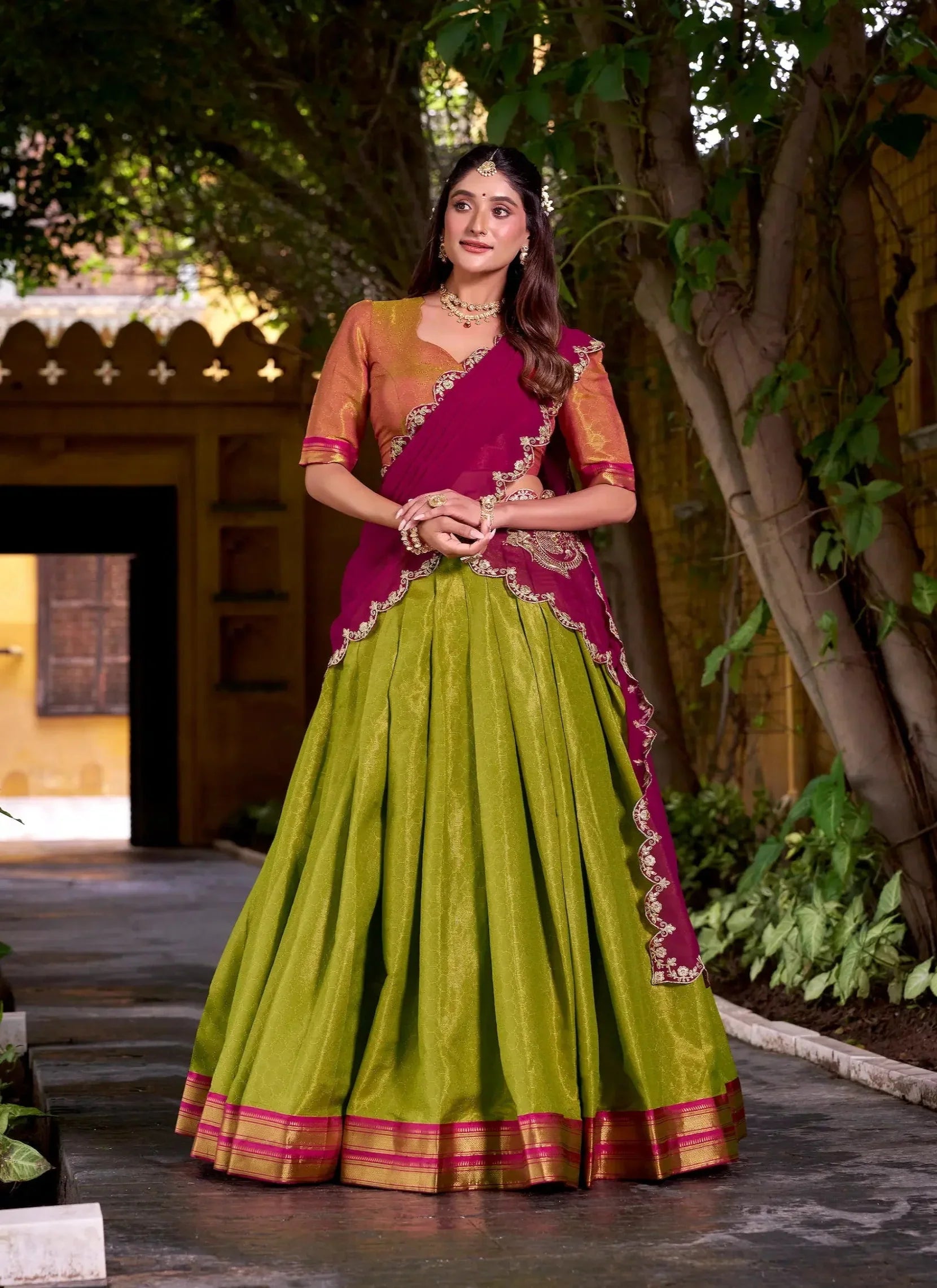 Olive Green Kanchipuram Zari Weaving Work Lehenga Choli - qivii