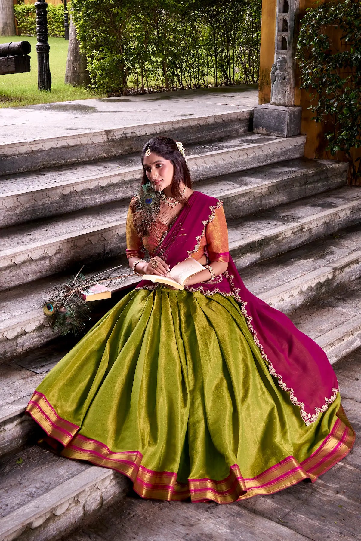 Olive Green Kanchipuram Zari Weaving Work Lehenga Choli - qivii