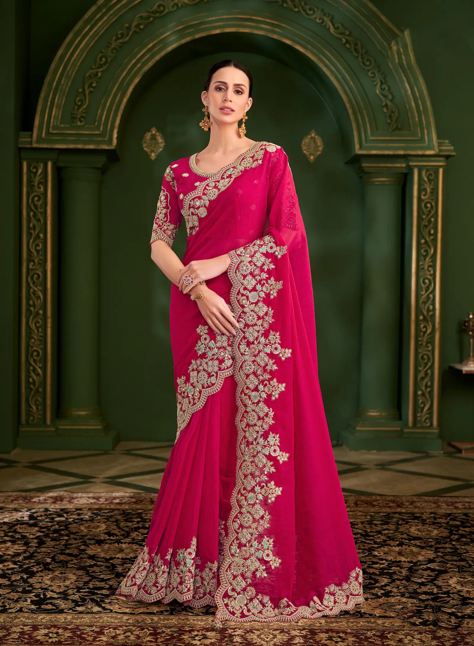 Crimson Red Shiny Georgette Heavy Embroidery Saree