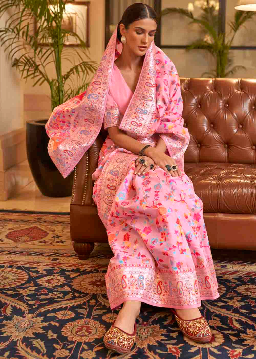 Carnation Pink Banarasi Jamawar Woven Silk Saree - qivii