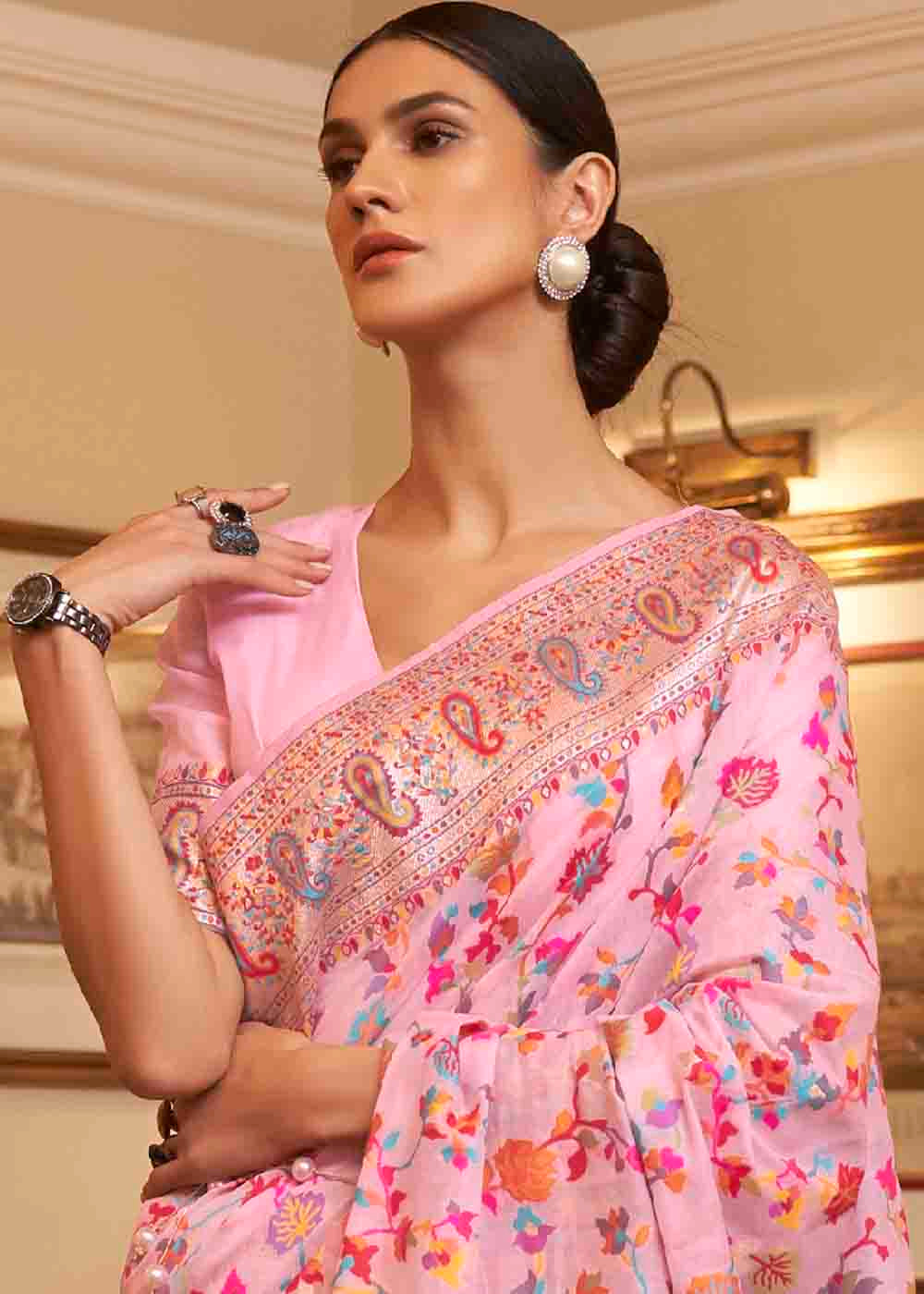 Carnation Pink Banarasi Jamawar Woven Silk Saree - qivii