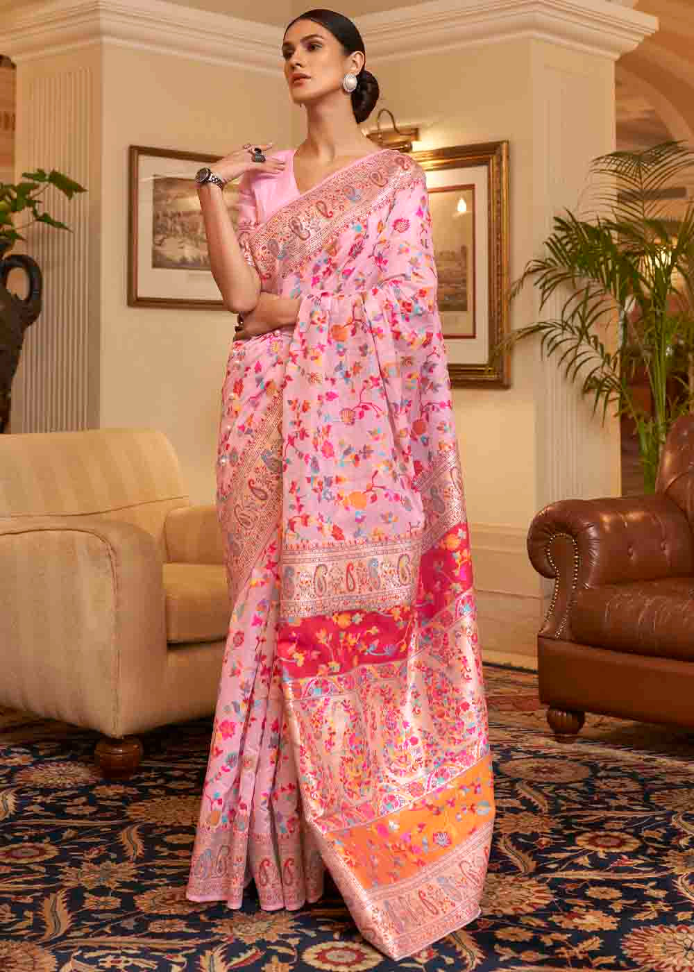 Carnation Pink Banarasi Jamawar Woven Silk Saree - qivii