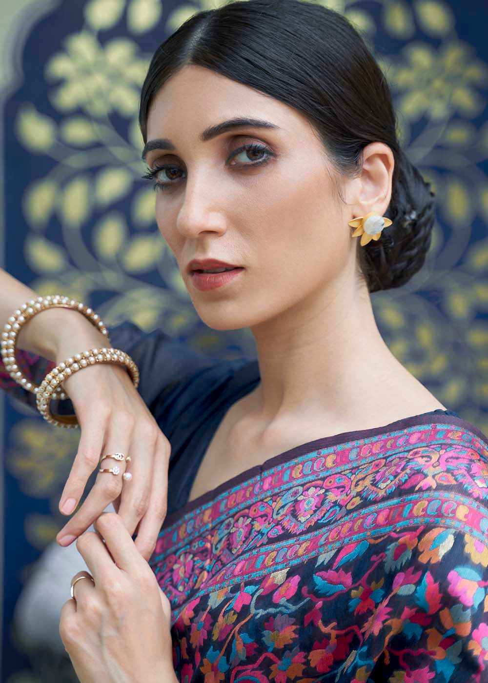French Navy Blue Banarasi Jamawar Woven Silk Saree : Top Pick - qivii